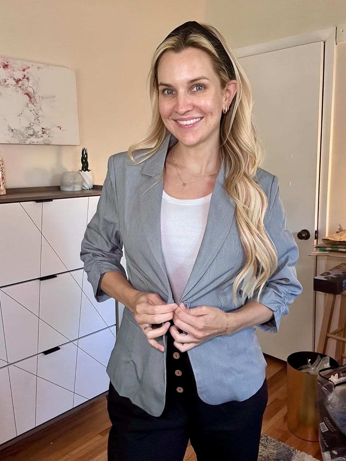 ELLEVEN Women's Ruched 3/4 Sleeve Blazers, Lightweight Slim Fit Jackets with Padded Shoulder for Business Casual - Image 7