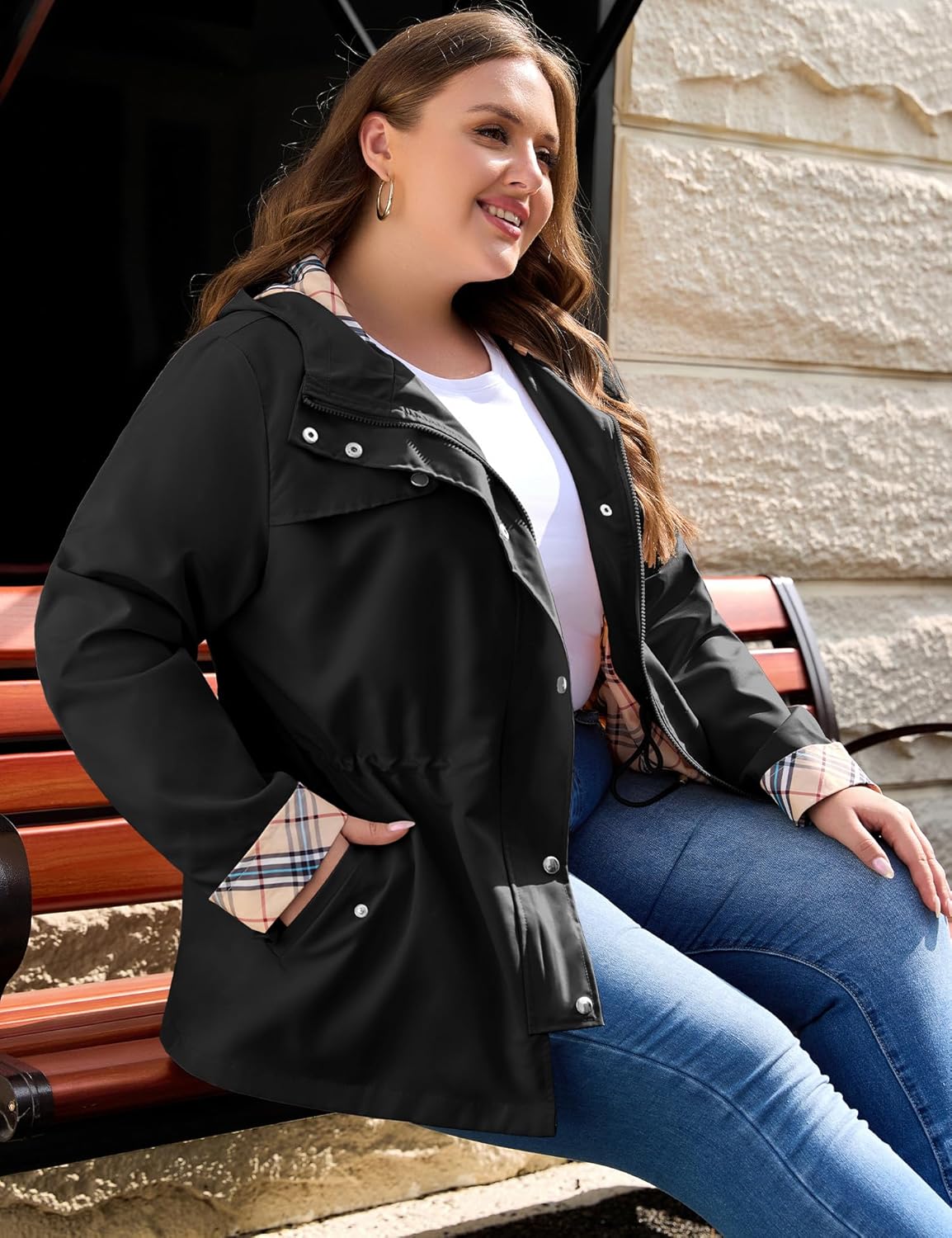 Bloggerlove Rain Jacket Women Plus Size Long Raincoat with Hood Waterproof Outdoor Trench Coat - Image 3