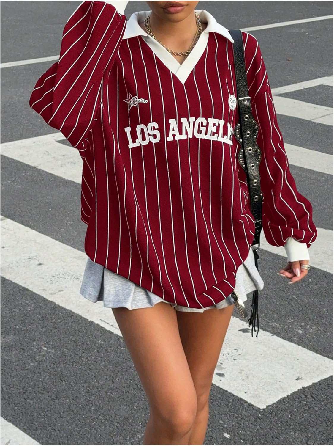 SOLY HUX Women's Oversized Tees Striped Letter Print Y2k Jersey T Shirt Collar V Neck Long Sleeve Loose Tops - Image 5
