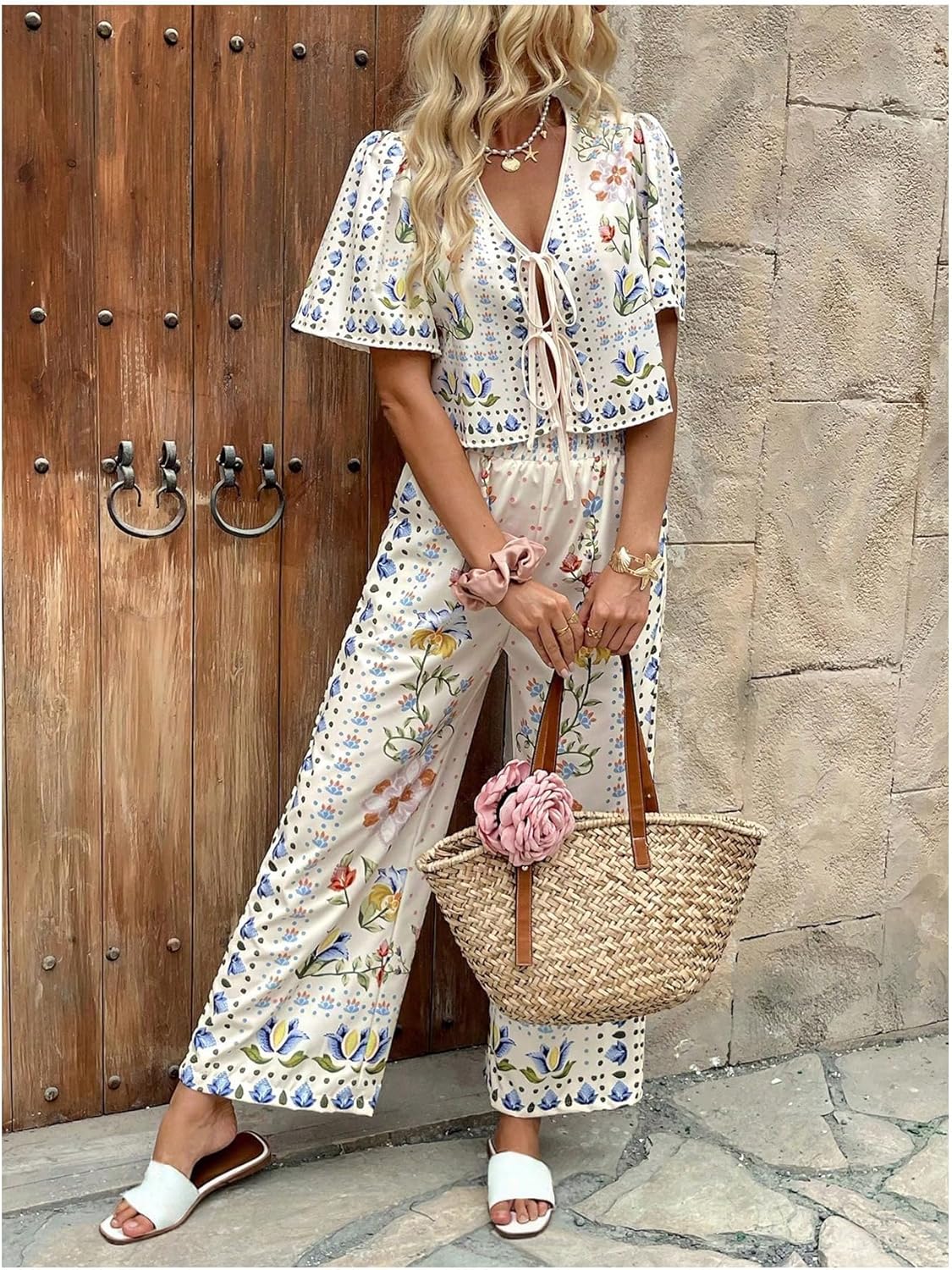 WDIRARA Women's Boho Floral 2 Piece Palazzo Pants Set Short Sleeve Tie Front Blouse Wide Leg Pants Vacation Outfits - Image 3