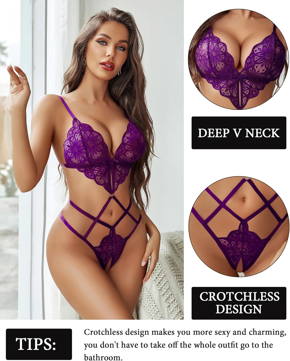 Avidlove Women Lingeries Deep V Teddy Lingerie Sexy Lace Bodysuit Cut Out One Piece Mini Babydoll - Image 2