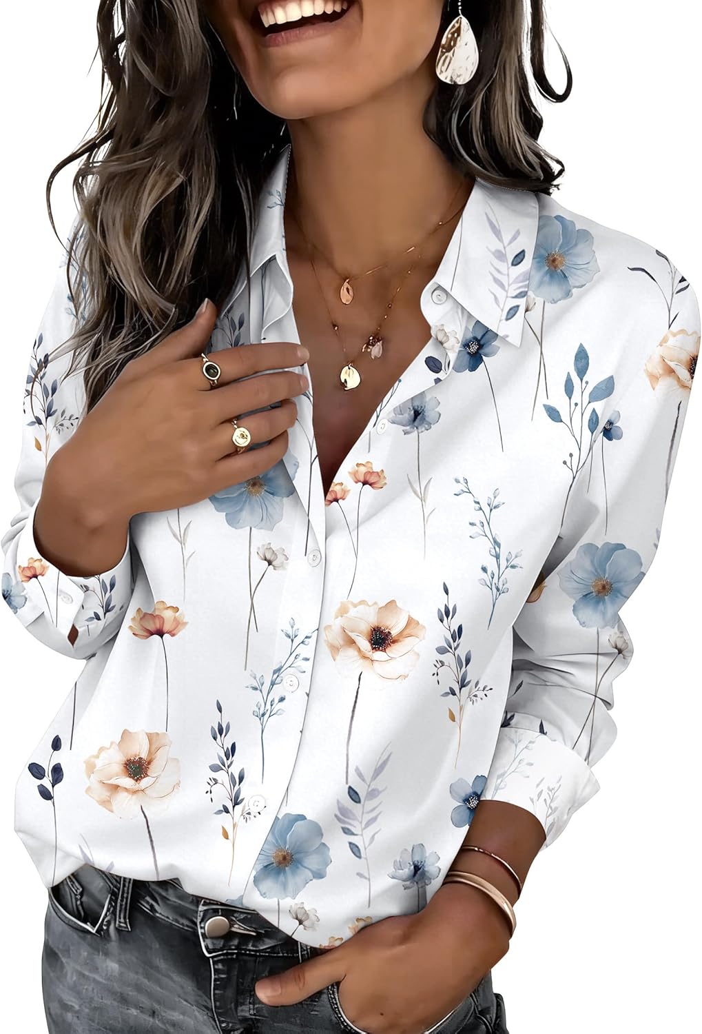 Zeagoo Button Down Shirts for Women Dressy Floral Printed Long Sleeve Blouse Business Casual Work Tops