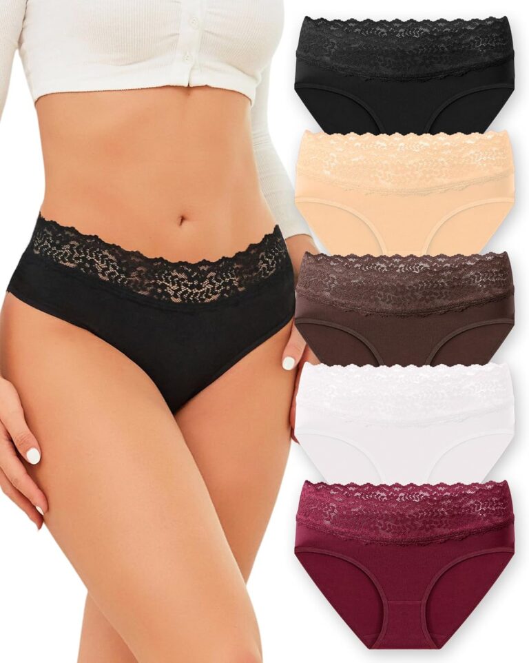 Cotton Underwear for Women Lace Trim Briefs Soft Low Rise Ladies Stretchy Hipster Bikini Panties 5 Pack
