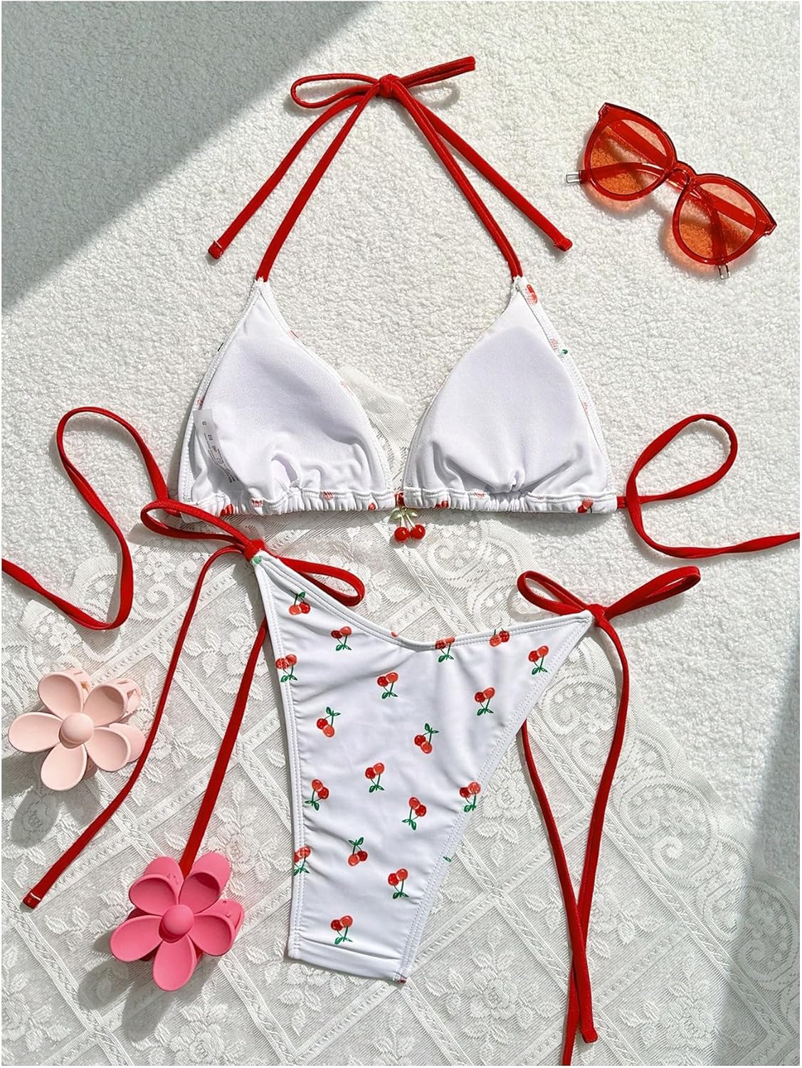 WDIRARA Women's 2 Piece Swimsuit Cherry Print Bikini Set Halter Triangle Bikini Side Tie String Bathing Suits - Image 2