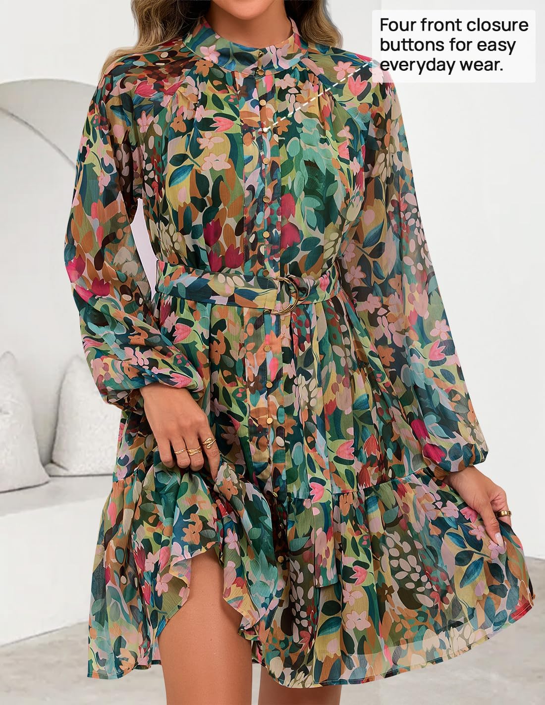 ZESICA Womens Spring Summer Floral Mini Dress Long Sleeve Button Chiffon A Line Swing Short Wedding Guest Party Dresses - Image 8