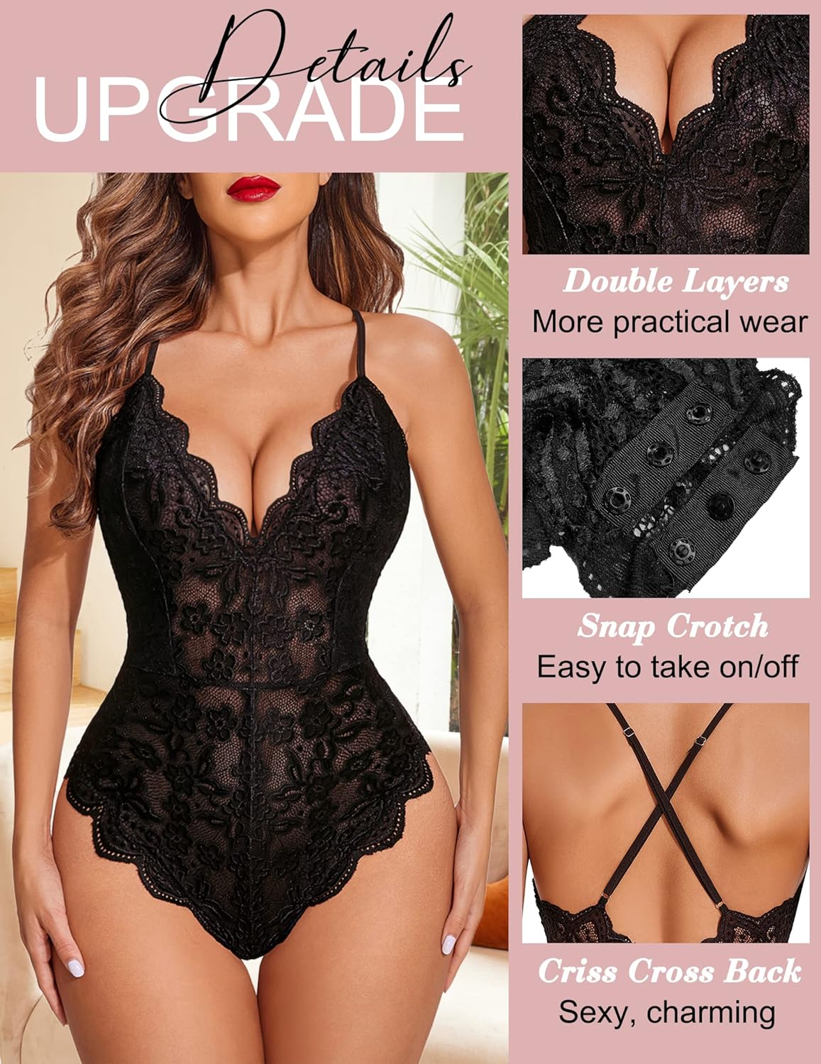 Avidlove Sexy Lingerie for Women Deep V Teddy Sheer Lace Bodysuit Snap Crotch One Piece Babydoll - Image 2