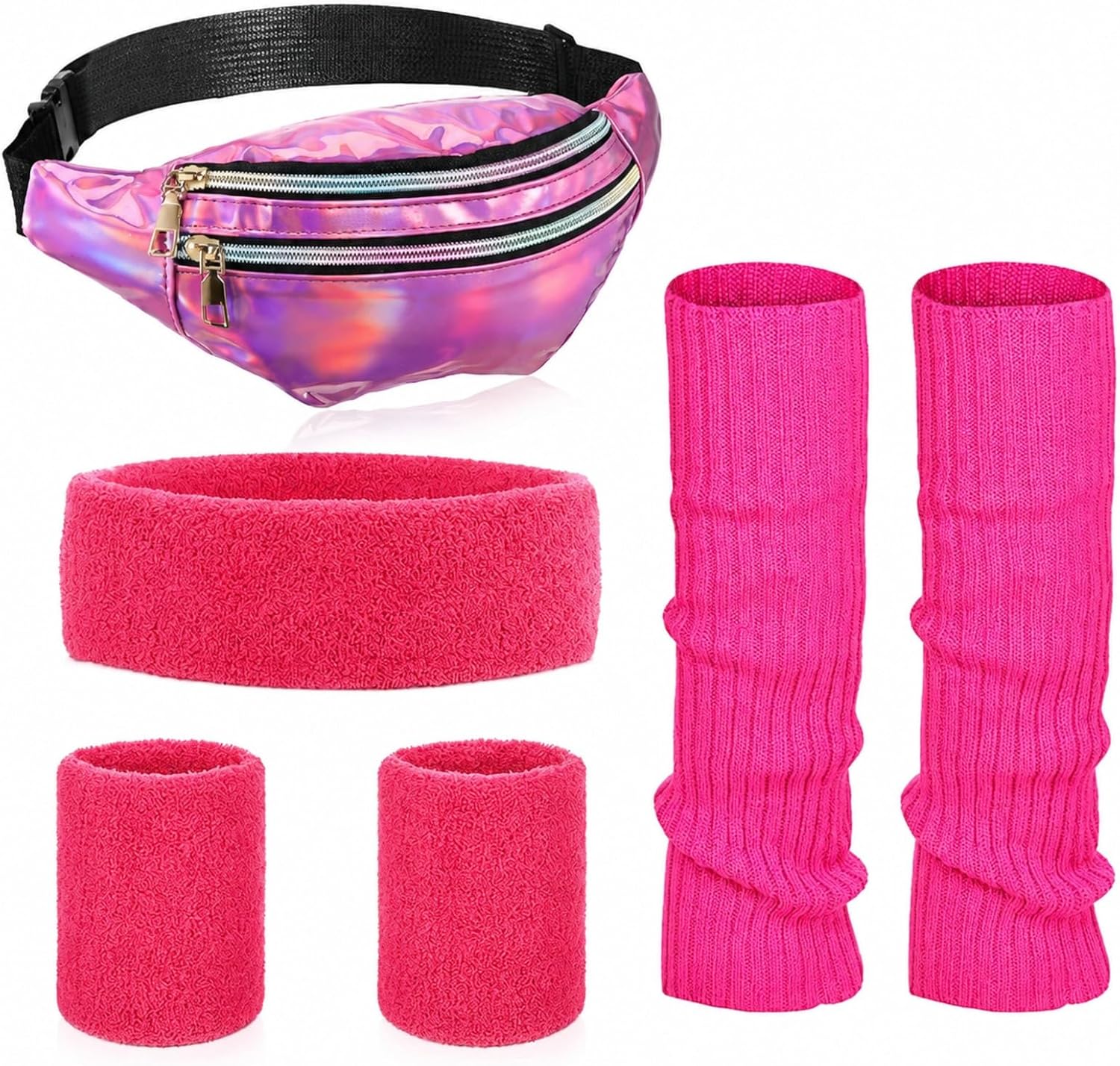 SATINIOR 80s Women Workout Outfit Neon Leg Warmer Headband Wristbands Fanny Pack Set 80s Accessories for Yoga Running