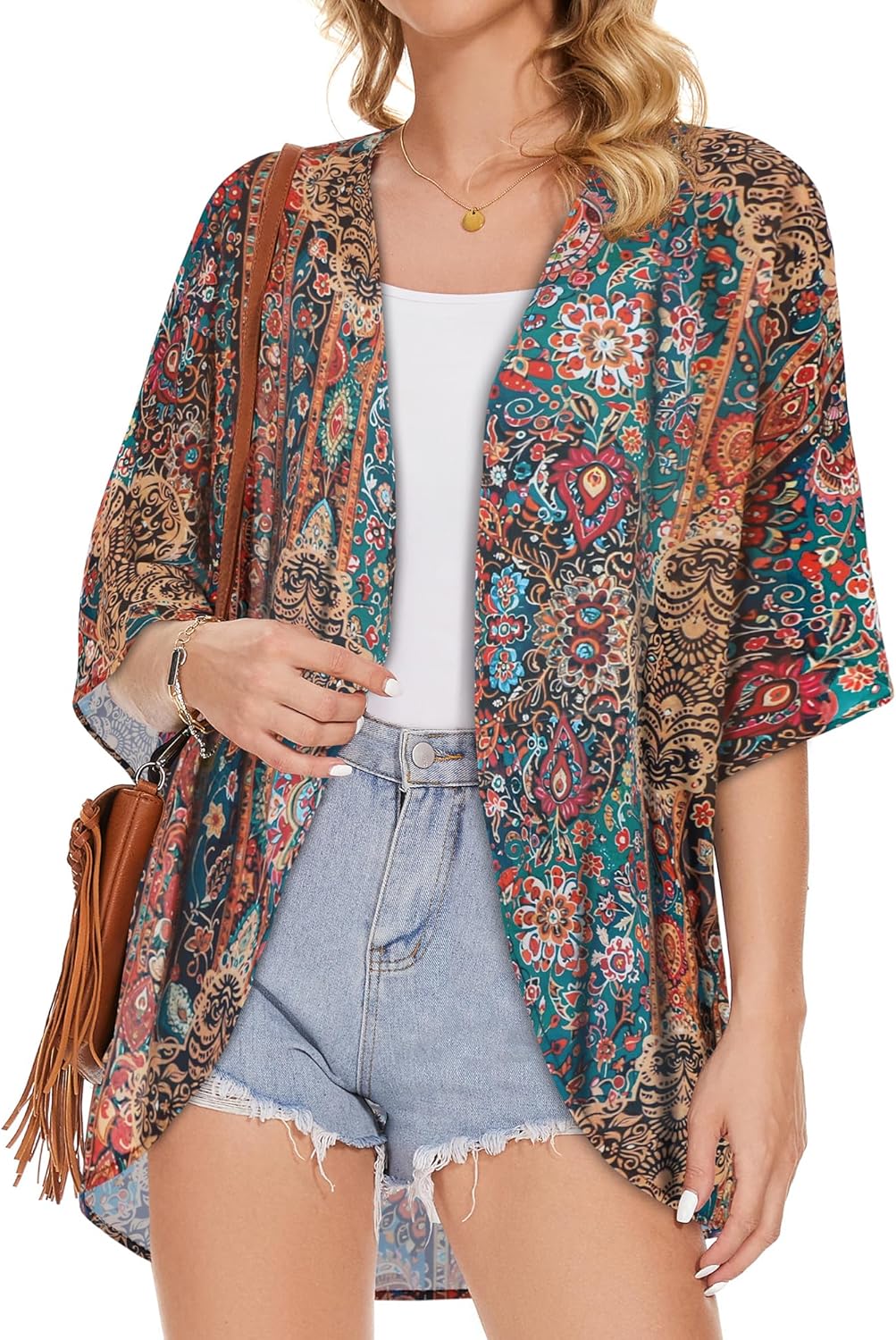 Women's Floral Print Puff Sleeve Kimono Cardigan Loose Cover Up Casual Blouse Tops 2026 - Image 3
