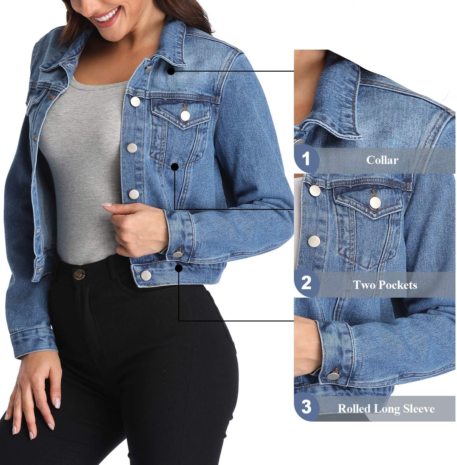 andy & natalie Women's Denim Jackets Cropped Long Sleeve Basic Button Down Crop Jean Shacket with Pockets - Image 3