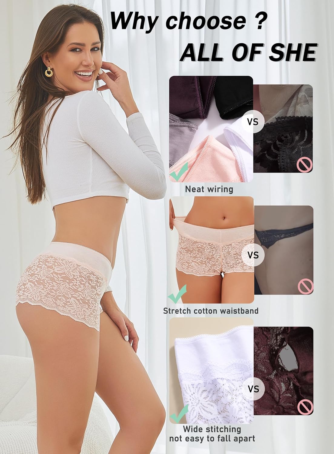 ALL OF SHE Lace Boyshort Sexy Underwear Womens Panties Cheeky Plus Size Lingerie Stretch Cotton Waistband S-3XL 5 Pack - Image 6