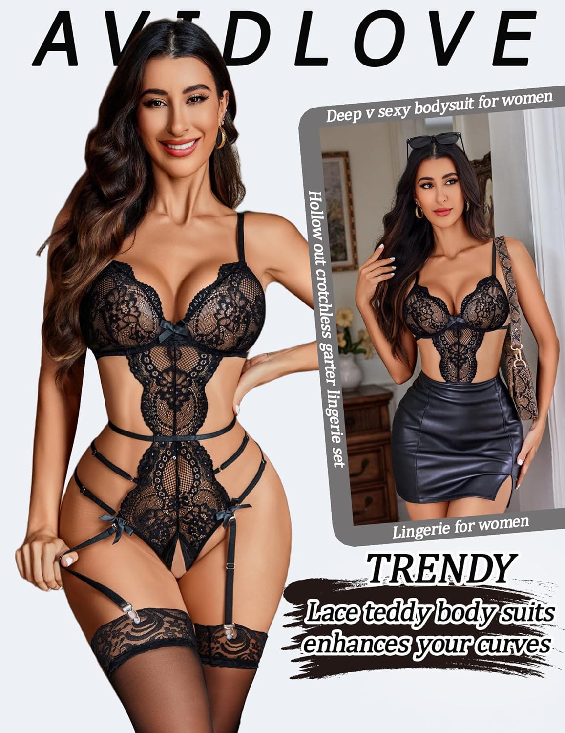 Avidlove Women's Deep V Teddy Lingerie Sexy Lace Bodysuit Cut Out Garter Lingerie Sets - Image 2