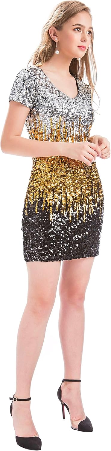 MANER Women's Sequin Glitter Short Sleeve Dress Sexy V Neck Mini Party Club Bodycon Dresses - Image 4