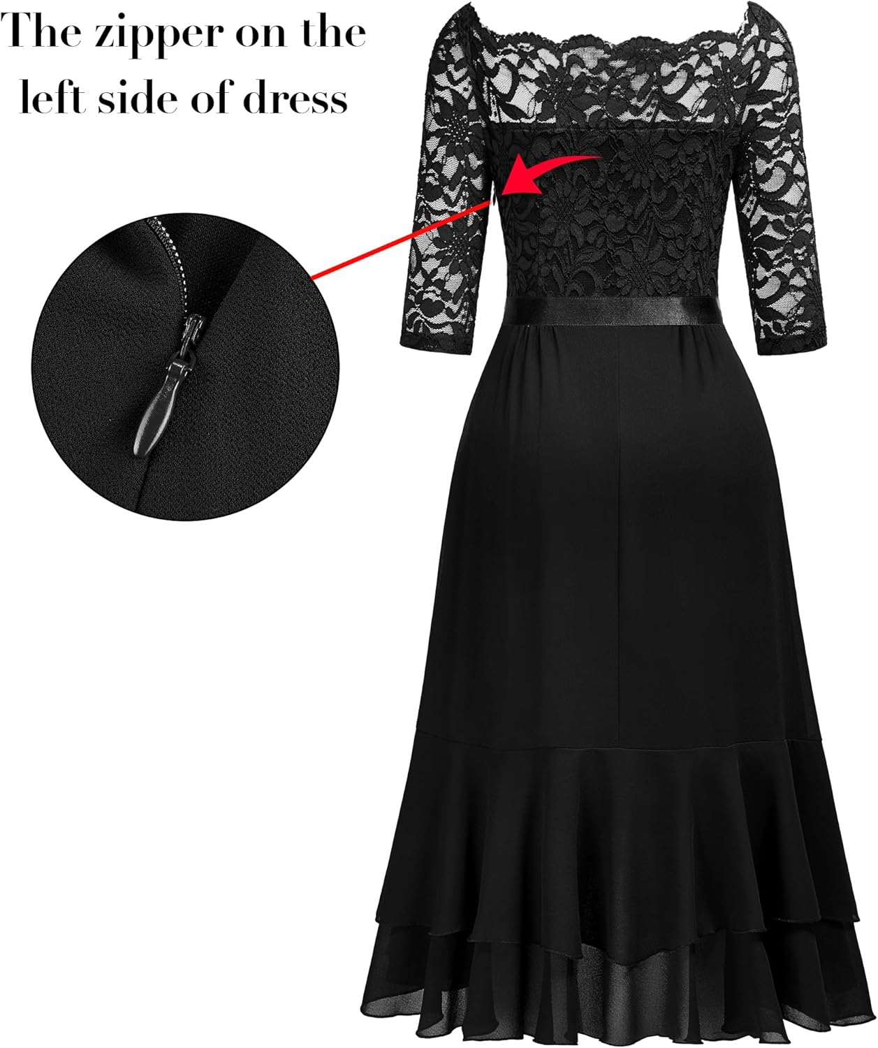 Miusol Women's Off Shoulder Elegant Floral Ruffle Half Sleeve Lace Contrast Chiffon Party Dress - Image 4
