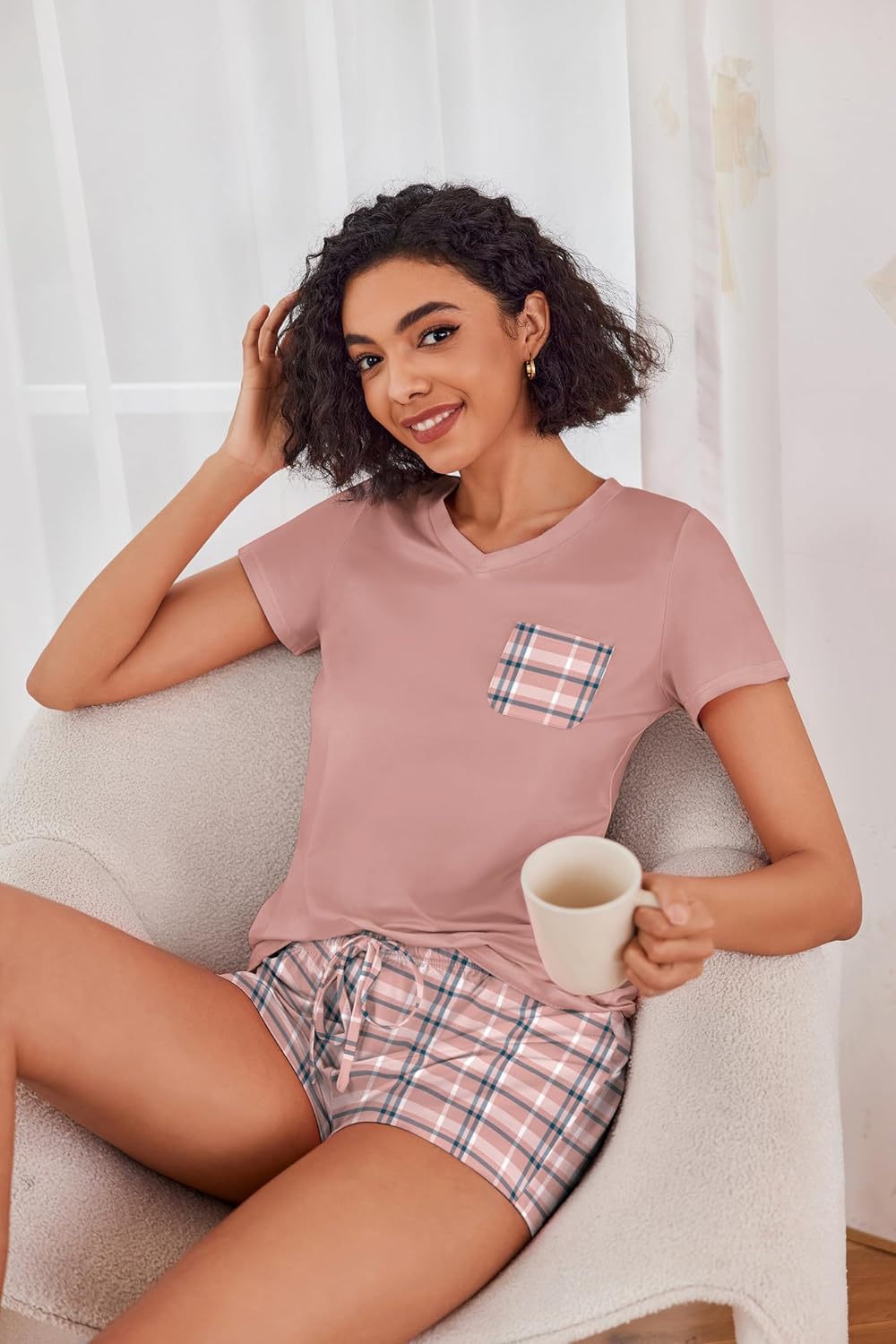 Ekouaer Womens Pajama Sets Short Sleeve Pajamas for Women Sets Soft Lounge Sets Casual V Neck Sleepwear PJS - Image 3