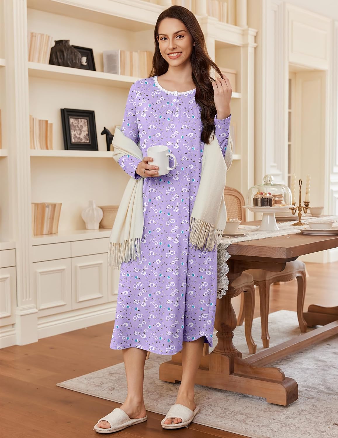 Ekouaer Women's Long Sleeve Nightgown Long Sleepshirt Henley Nightgowns Full Length Sleep Dress with Pockets S-3XL - Image 3