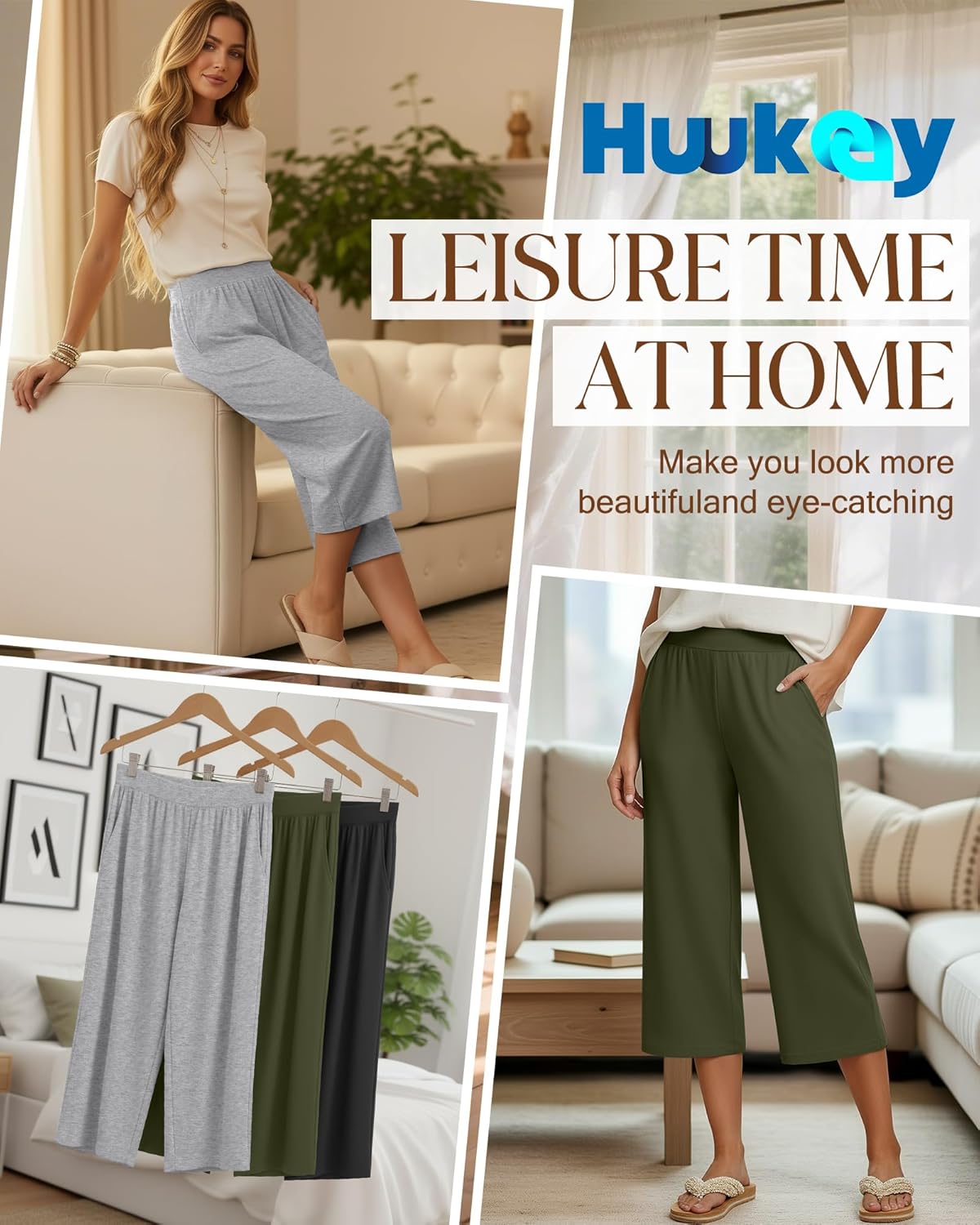 Huukeay 3 Pack Women's Capri Sweatpants Cozy Wide Legs Cropped Capri with Pockets Lounge Jogger Pants Workout Yoga Solid - Image 3