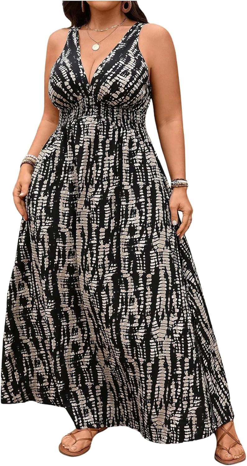 Floerns Women's Plus Size Striped V Neck Tank Dress Tie Back A Line Vacation Maxi Dresses