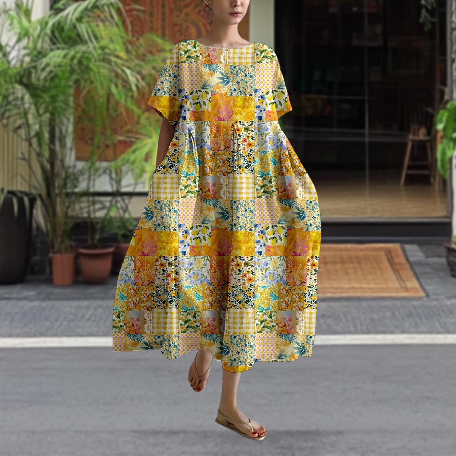 MARSVOVO Patchwork Flowy Dresses for Women Plus Size Loose Casual Tunic Dress Elegant Crewneck Maxi Dresses with Pockets - Image 2