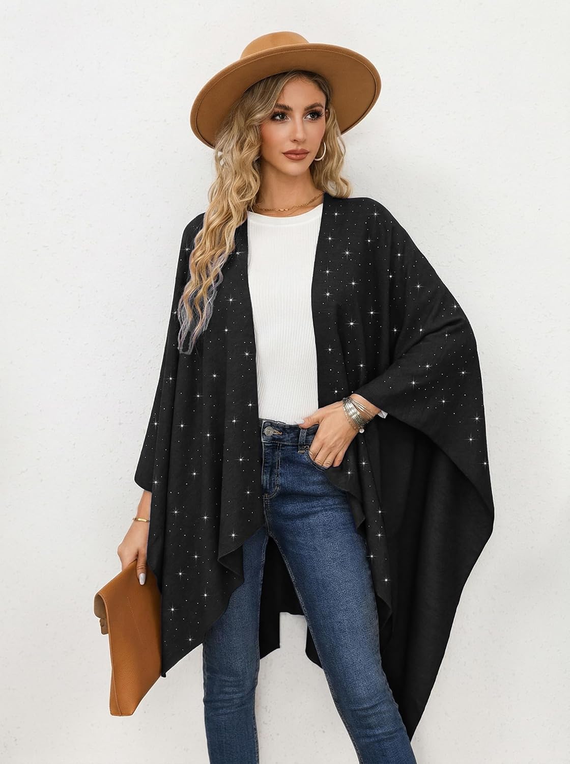 Womens Rhinestones Open Front Poncho Shawl Wrap Cape Ruana Travel Blanket Cardigan - Image 2