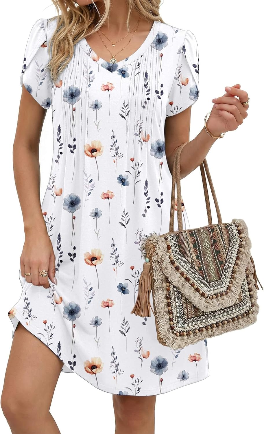 Zeagoo Summer Dresses for Women Casual A Line Dress 2026 V Neck Short Dresses Floral Sundress Pleated Boho Dress