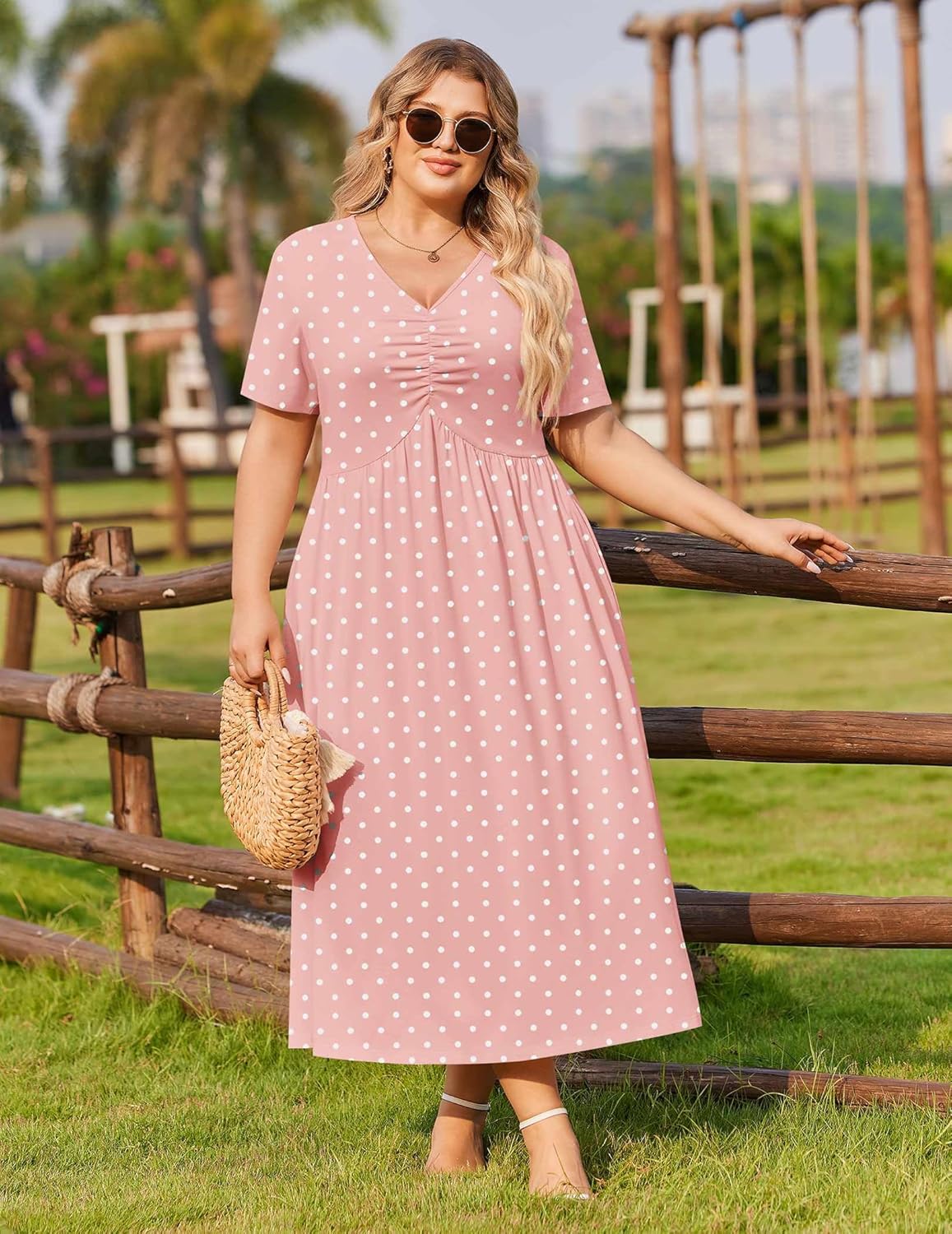 IN'VOLAND Women Plus Size Short Sleeve Dress Summer Casual V-Neck Ruched Aline Midi Dresses with Pockets - Image 4