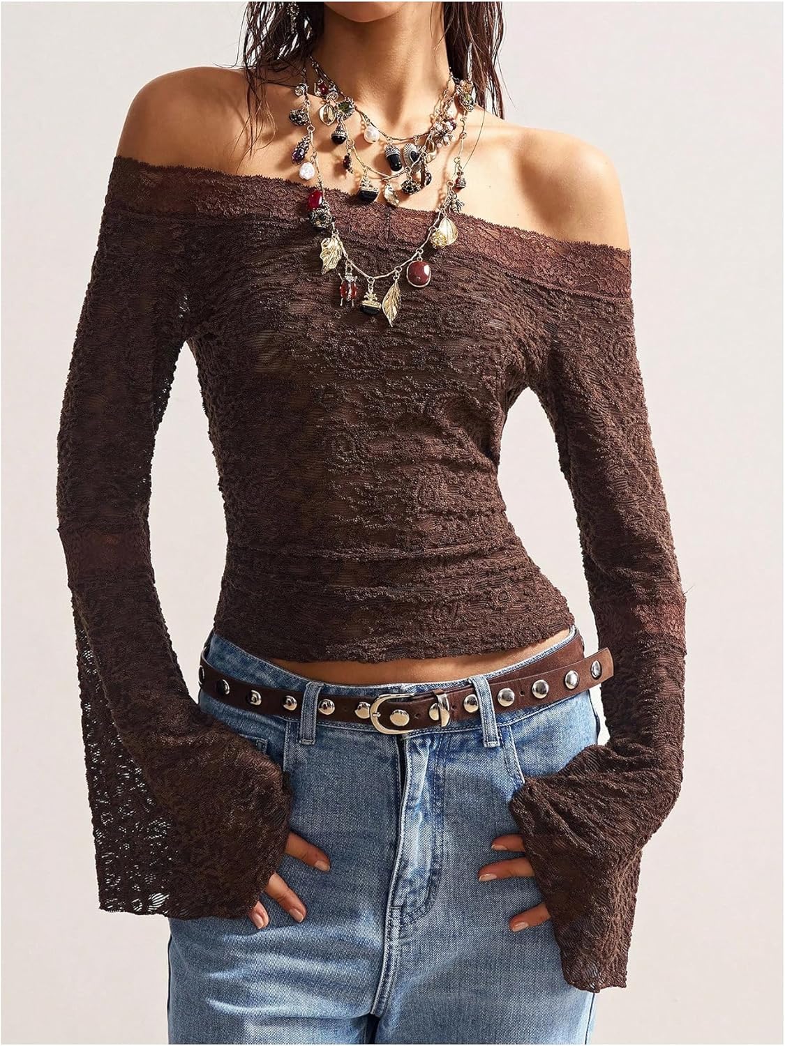 BEAUDRM Women's Off The Shoulder Top Boho Western Y2k Bell Sleeve Foral Lace Sheer Mesh Fitted T Shirts Spring Tops - Image 5