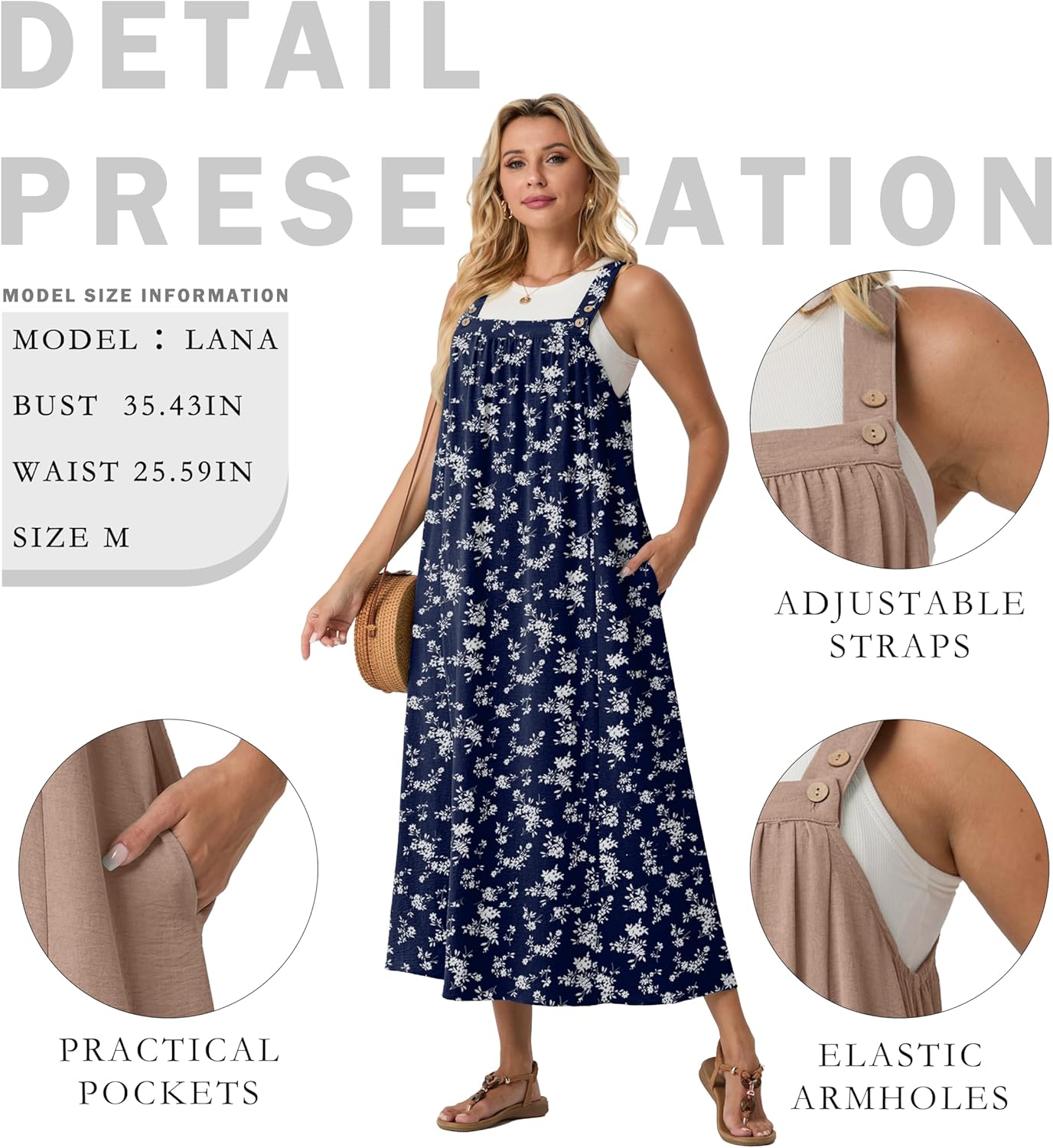 Lepunuo Summer Dresses for Women 2026 Casual Boho Overall Dress Adjustable Cover up with Pockets - Image 4