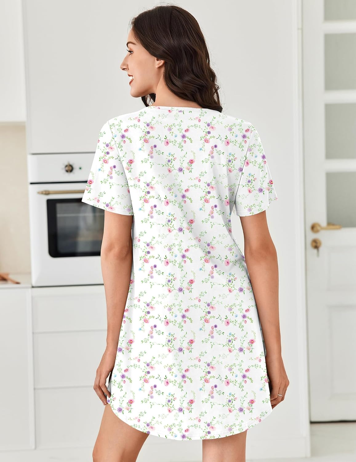 Ekouaer Nightgowns for Women Cotton Night Gowns Pleated Nightshirts Henley V Neck Sleepshirts Short Sleeve Sleepwear - Image 6