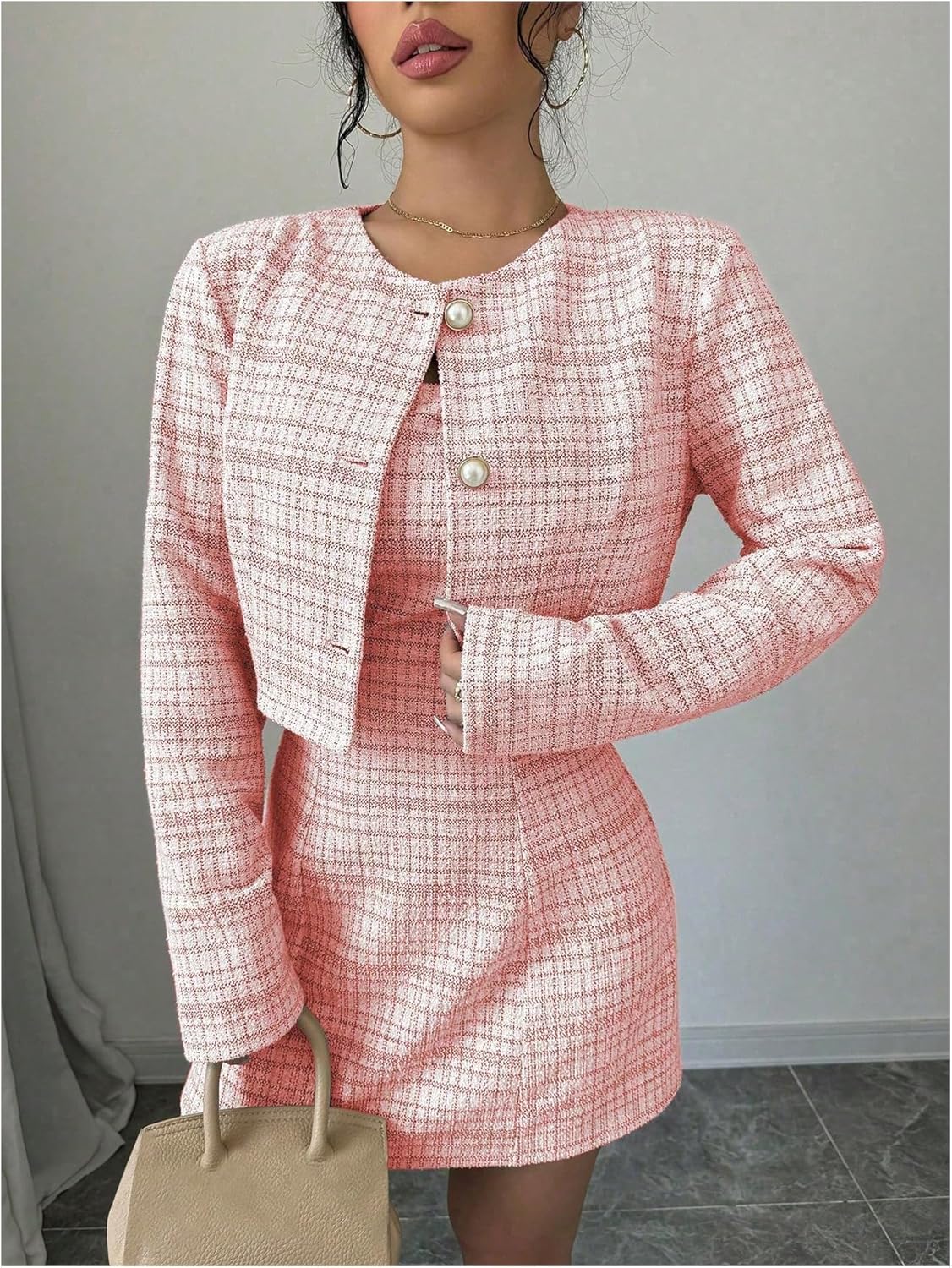 SOLY HUX Women's 2 Piece Outfits Plaid Long Sleeve Button Down Cropped Jacket and Sleeveless Mini Dress Sets - Image 4