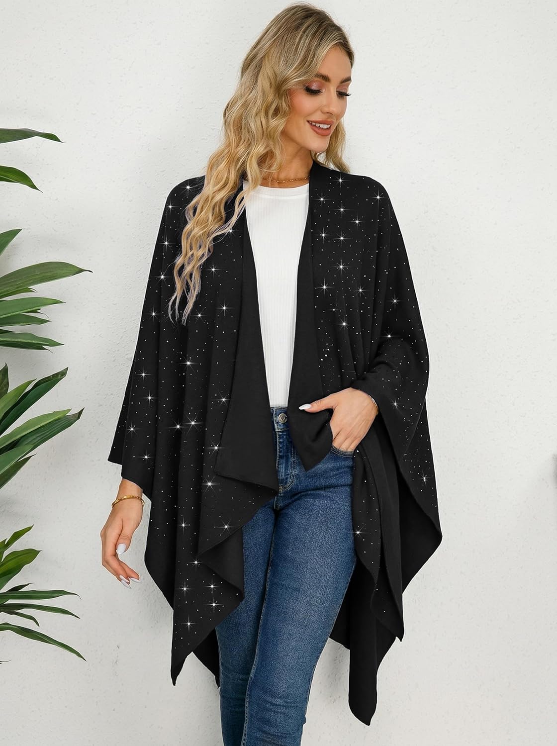 Womens Rhinestones Open Front Poncho Shawl Wrap Cape Ruana Travel Blanket Cardigan - Image 3