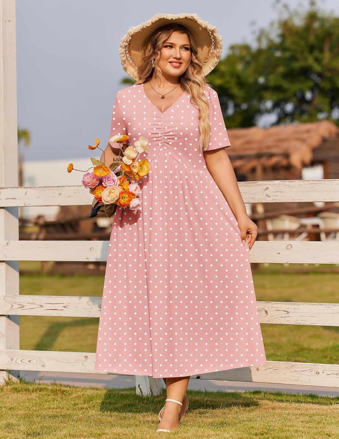 IN'VOLAND Women Plus Size Short Sleeve Dress Summer Casual V-Neck Ruched Aline Midi Dresses with Pockets - Image 3