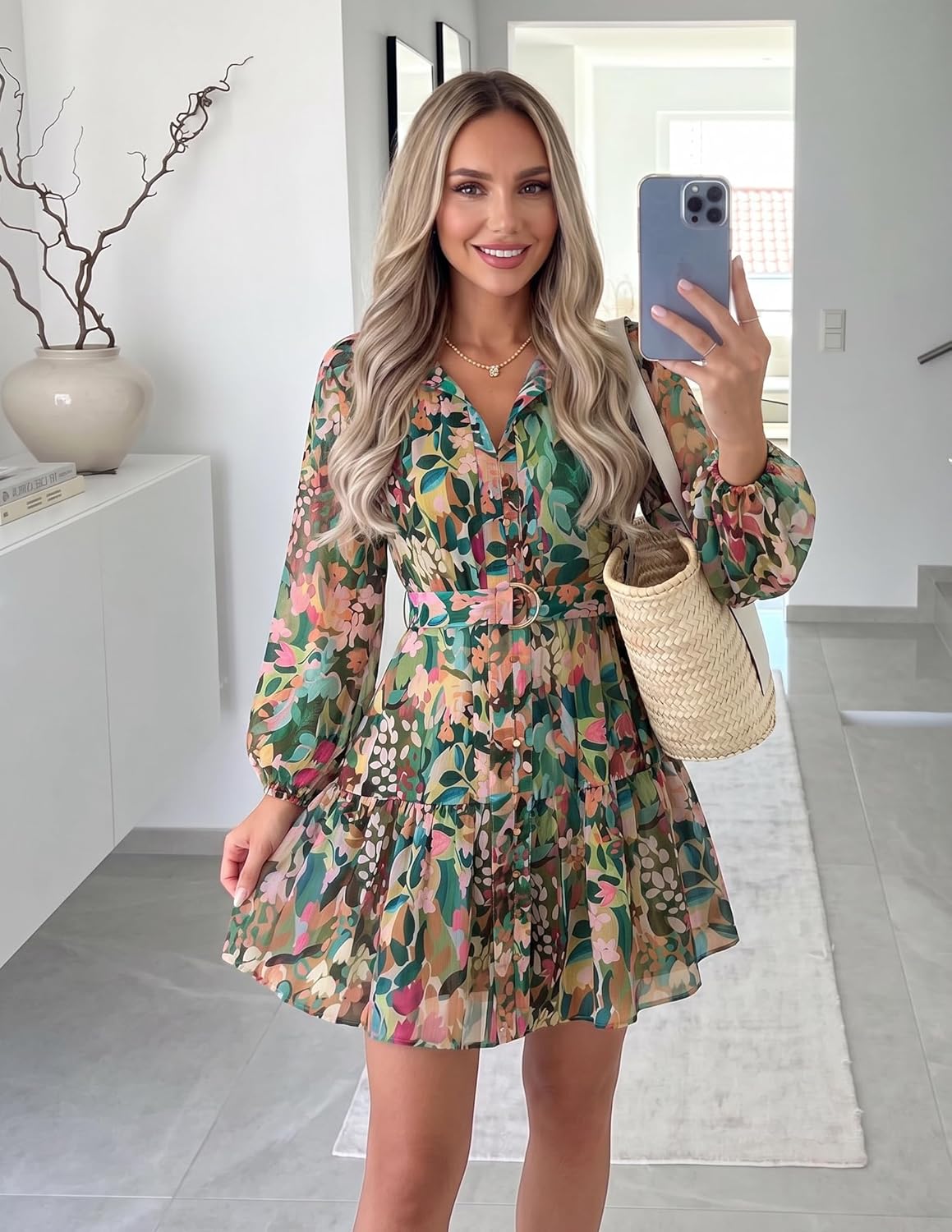 ZESICA Womens Spring Summer Floral Mini Dress Long Sleeve Button Chiffon A Line Swing Short Wedding Guest Party Dresses - Image 3