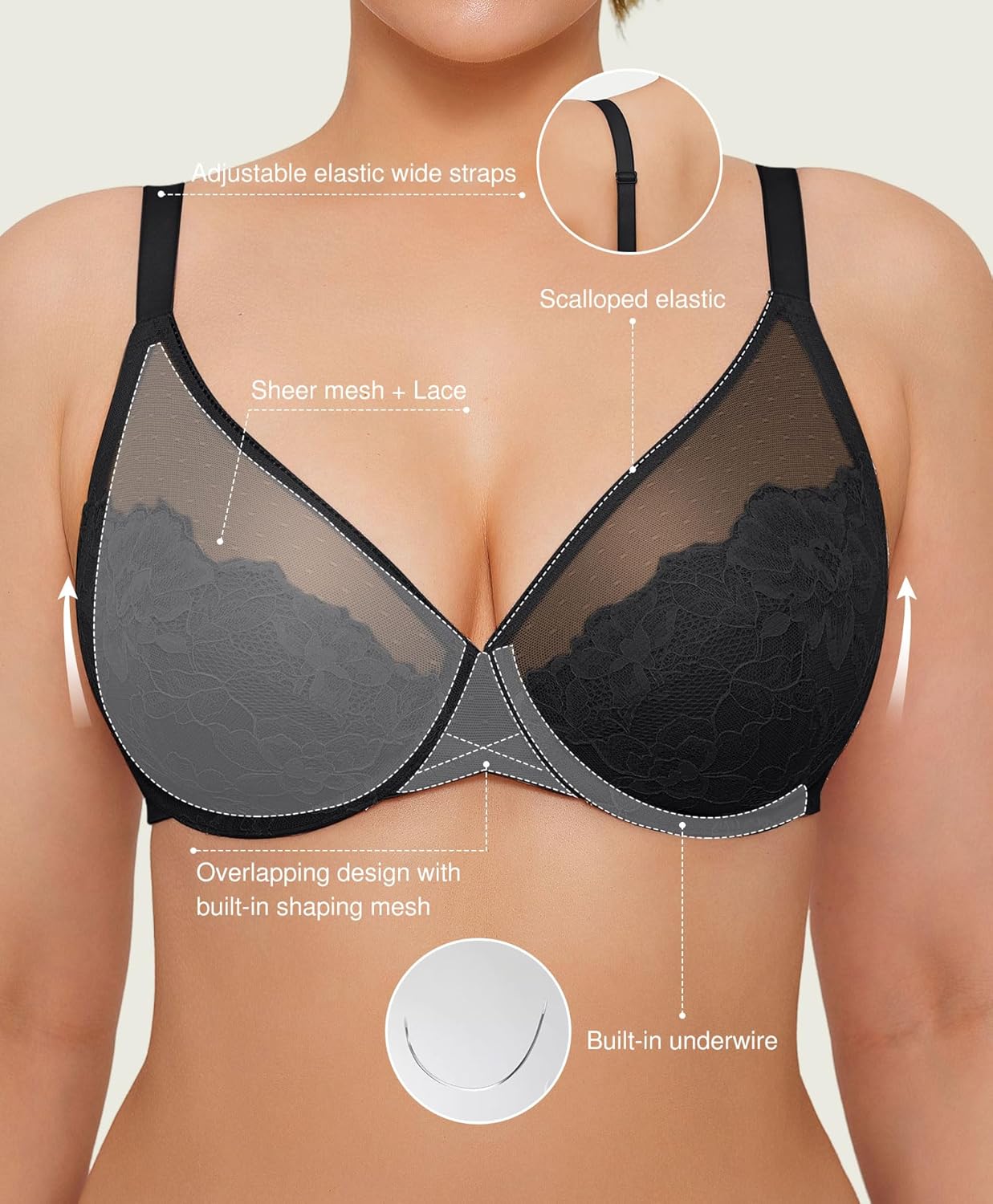 Popilush Bras for Women Lace Minimizer Underwire Bra, Unlined Full Coverage with Comfortable Lift for Large Bust - Image 3