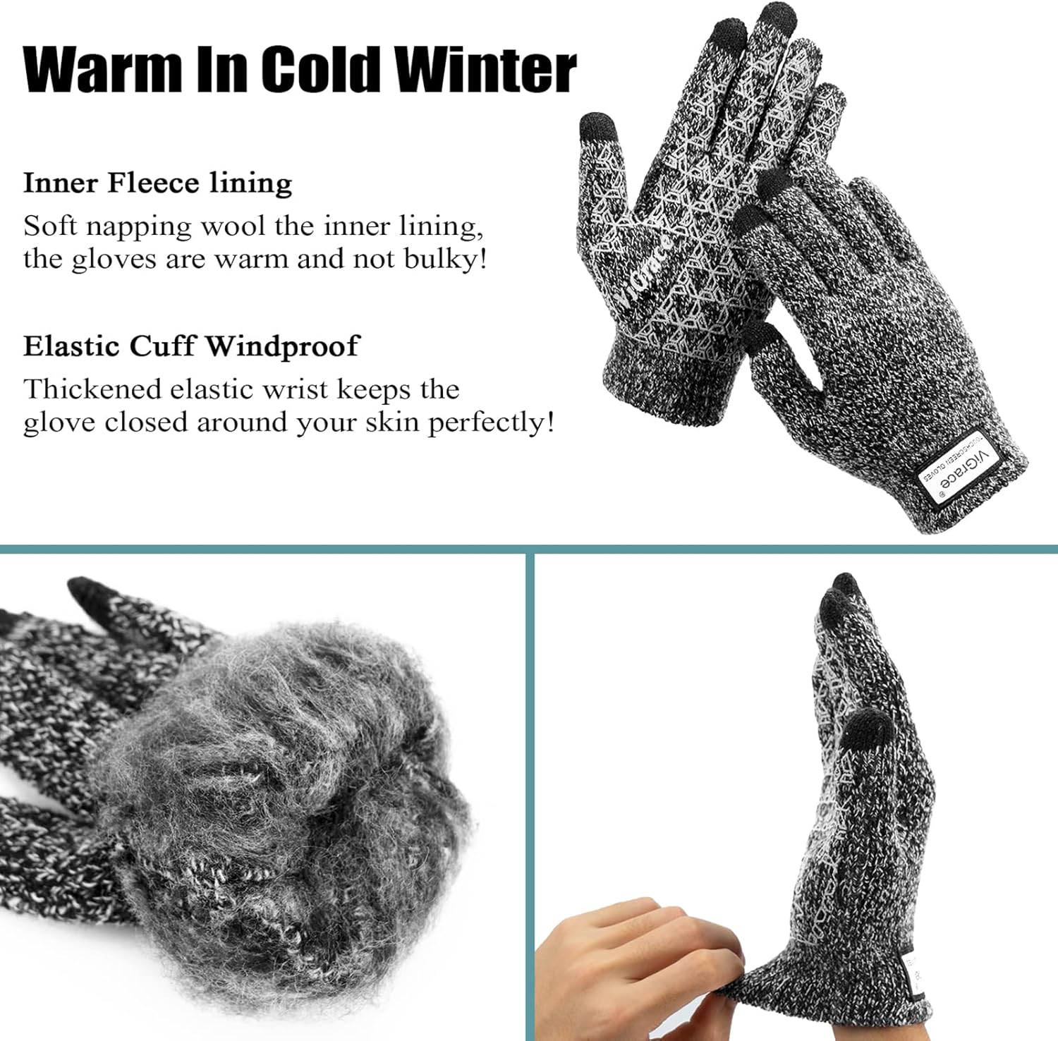 ViGrace Winter Warm Touchscreen Gloves for Men and Women Touch Screen Fleece Lined Knit Anti-Slip Wool Glove - Image 4