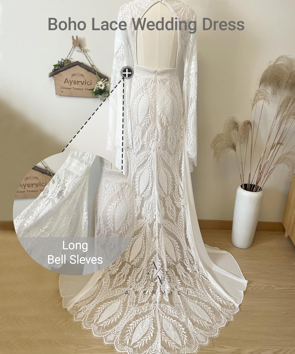 Women's Halter Lace Wedding Dress Removable Bell Sleeves High Slit A Line Long Informal Beach Bridal Gowns - Image 6