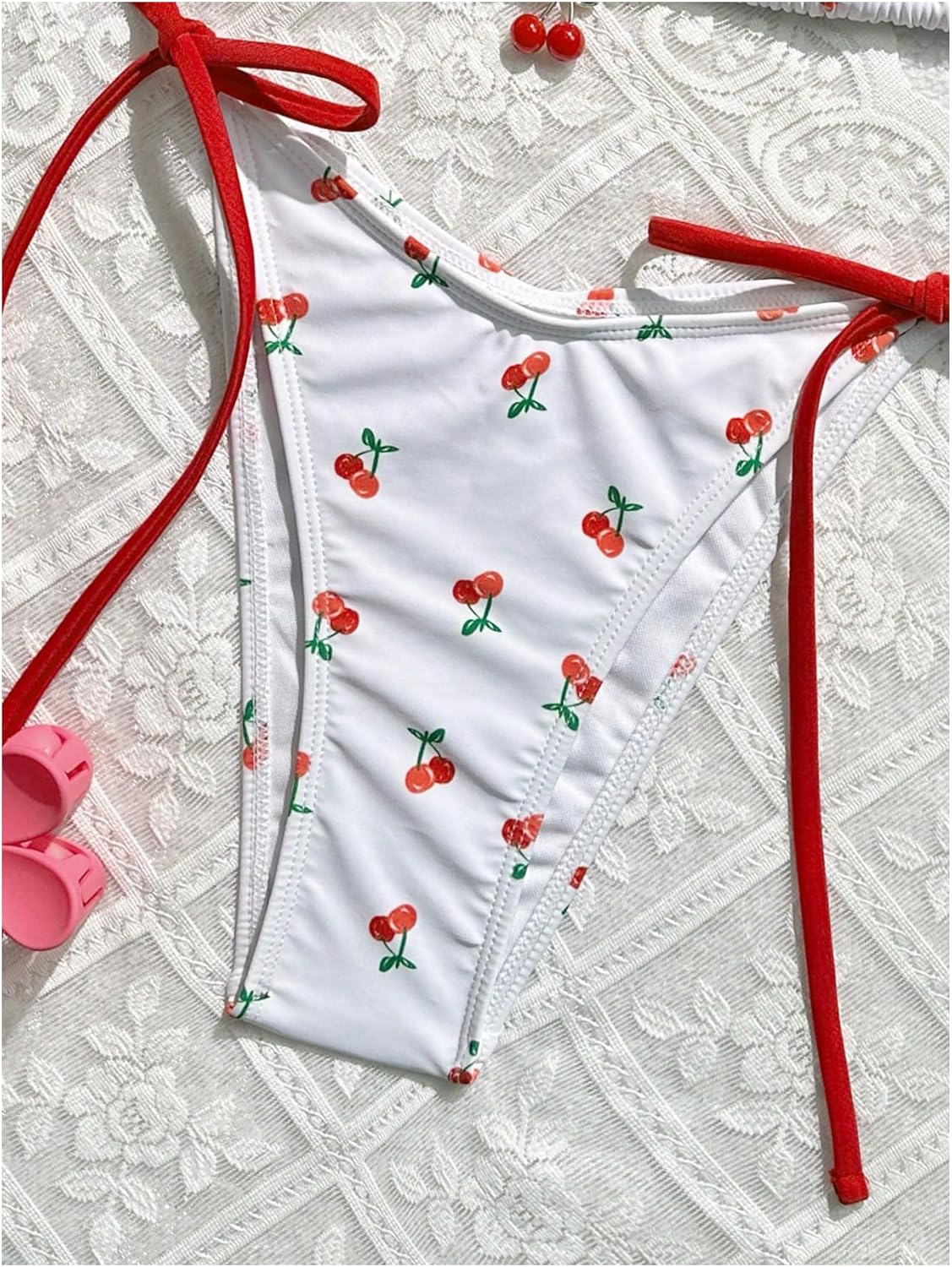 WDIRARA Women's 2 Piece Swimsuit Cherry Print Bikini Set Halter Triangle Bikini Side Tie String Bathing Suits - Image 4