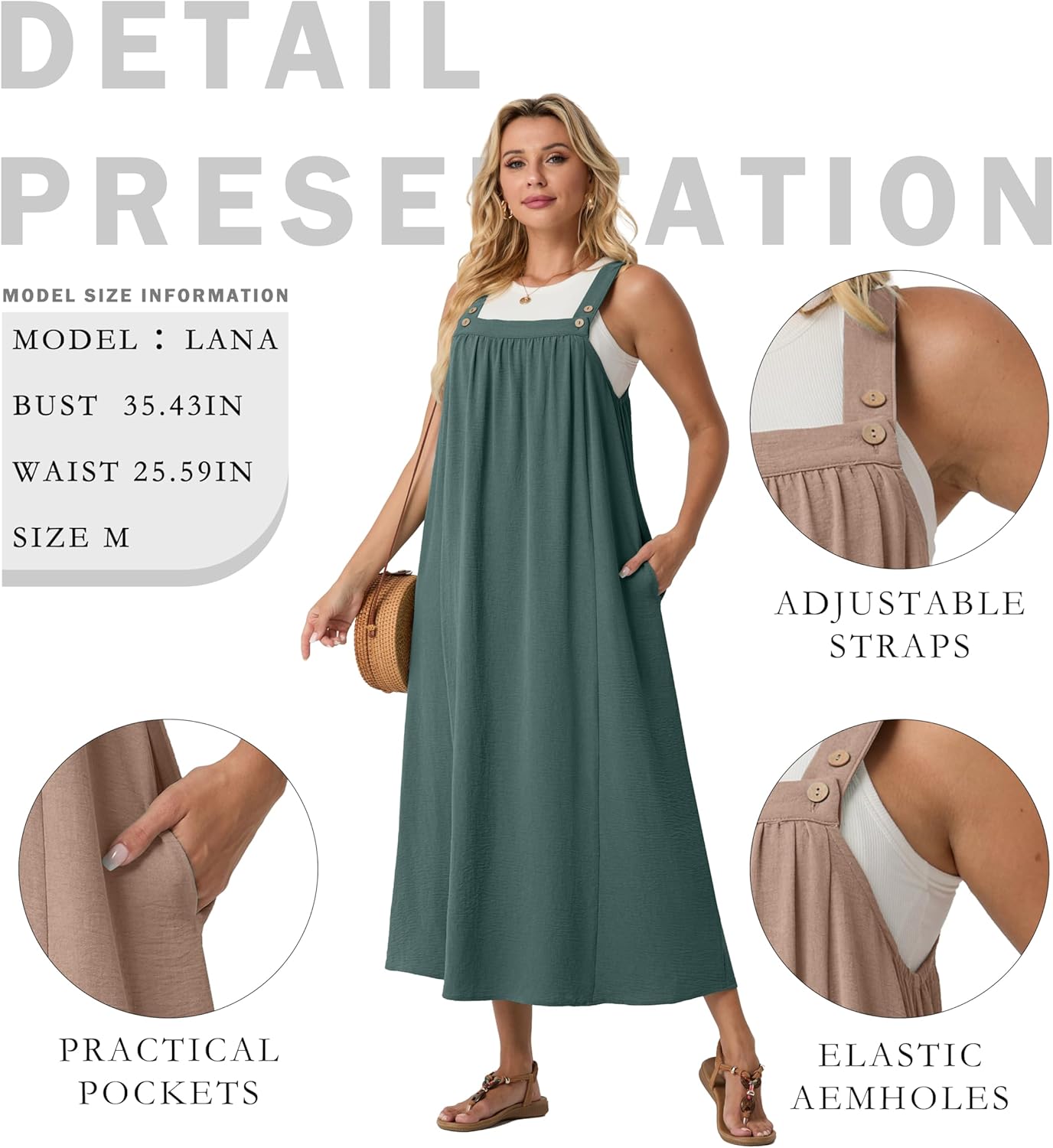Lepunuo Summer Dresses for Women 2026 Casual Boho Overall Dress Adjustable Cover up with Pockets - Image 4