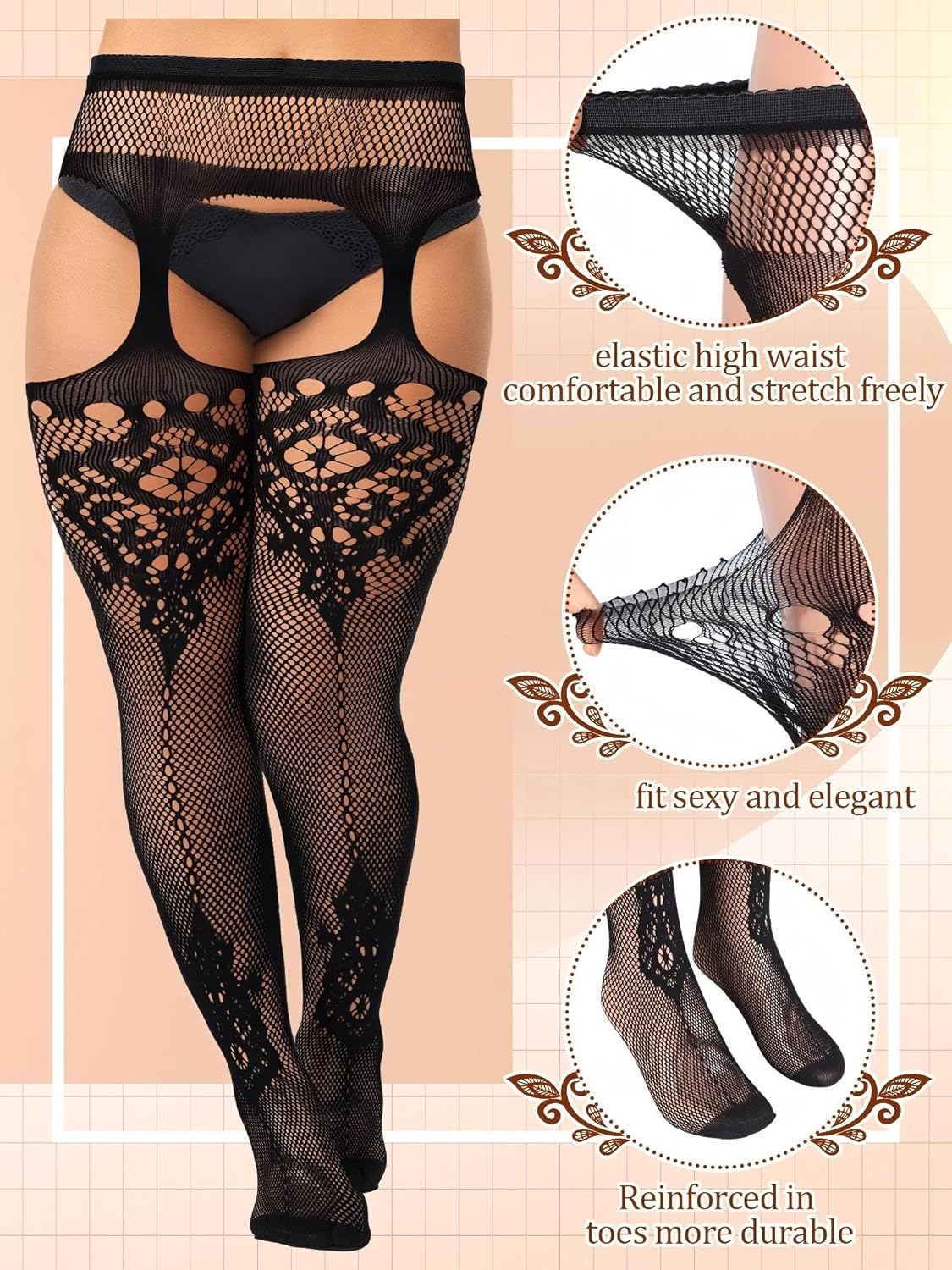 Jadive 6 Pairs Women Plus Size Fishnet Thigh High Stockings Suspender Garter Belt Lingerie Pantyhose Tights - Image 3