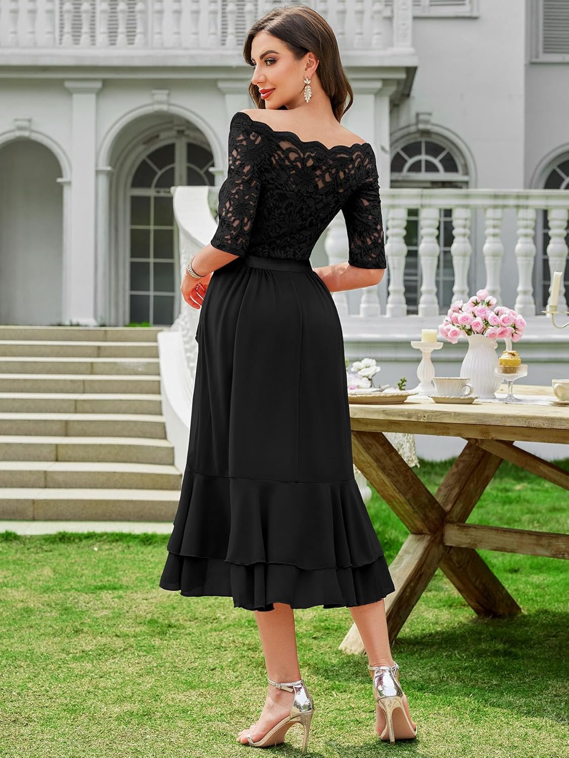 Miusol Women's Off Shoulder Elegant Floral Ruffle Half Sleeve Lace Contrast Chiffon Party Dress - Image 6
