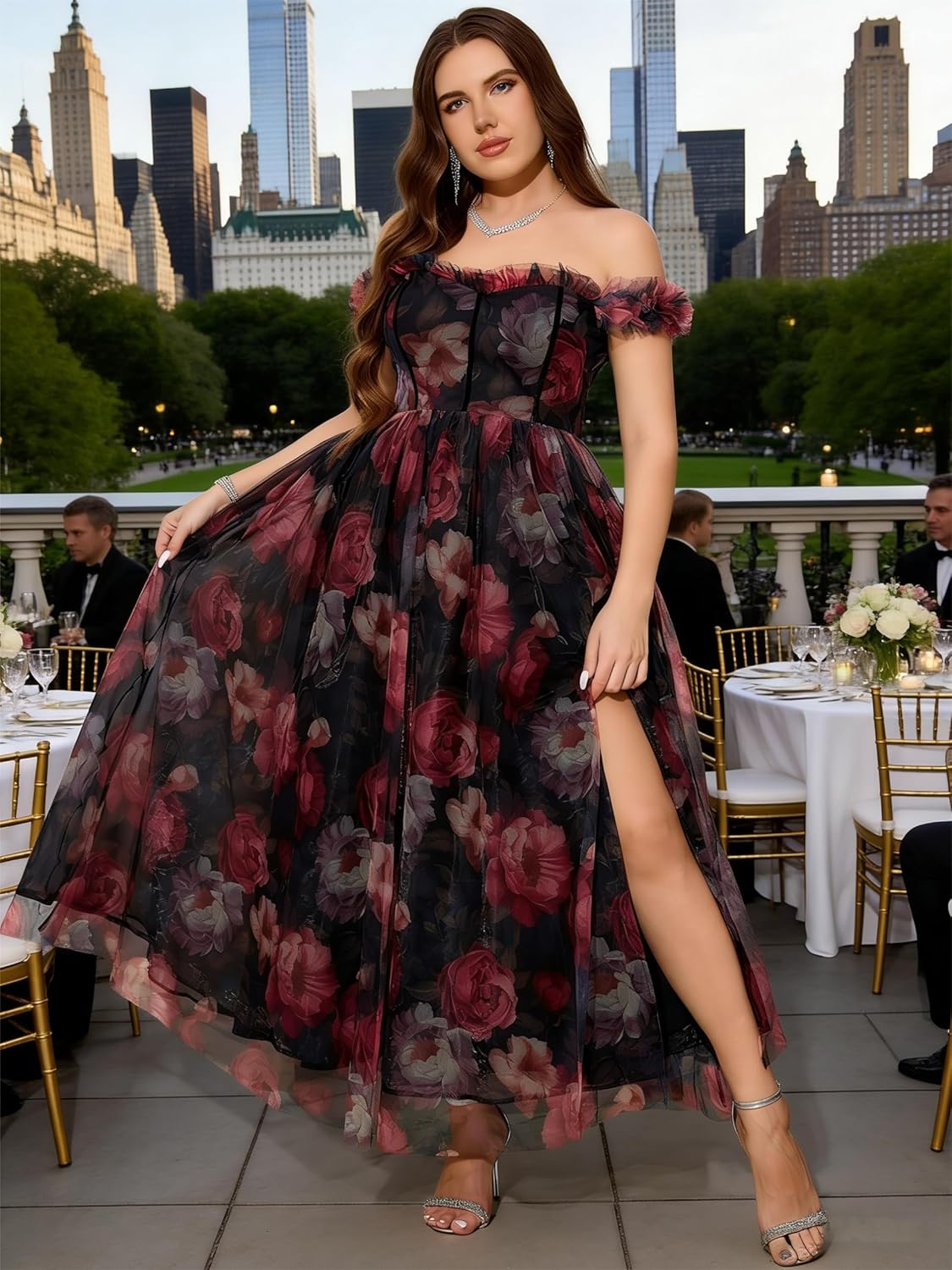 Women's Plus Size Formal Party Cocktail Dress, Wedding Guest Evening Gown with Slit - Off Shoulder Floral Tulle Maxi Dress - Image 4