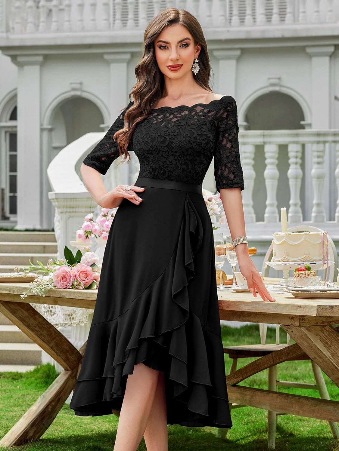 Miusol Women's Off Shoulder Elegant Floral Ruffle Half Sleeve Lace Contrast Chiffon Party Dress - Image 3