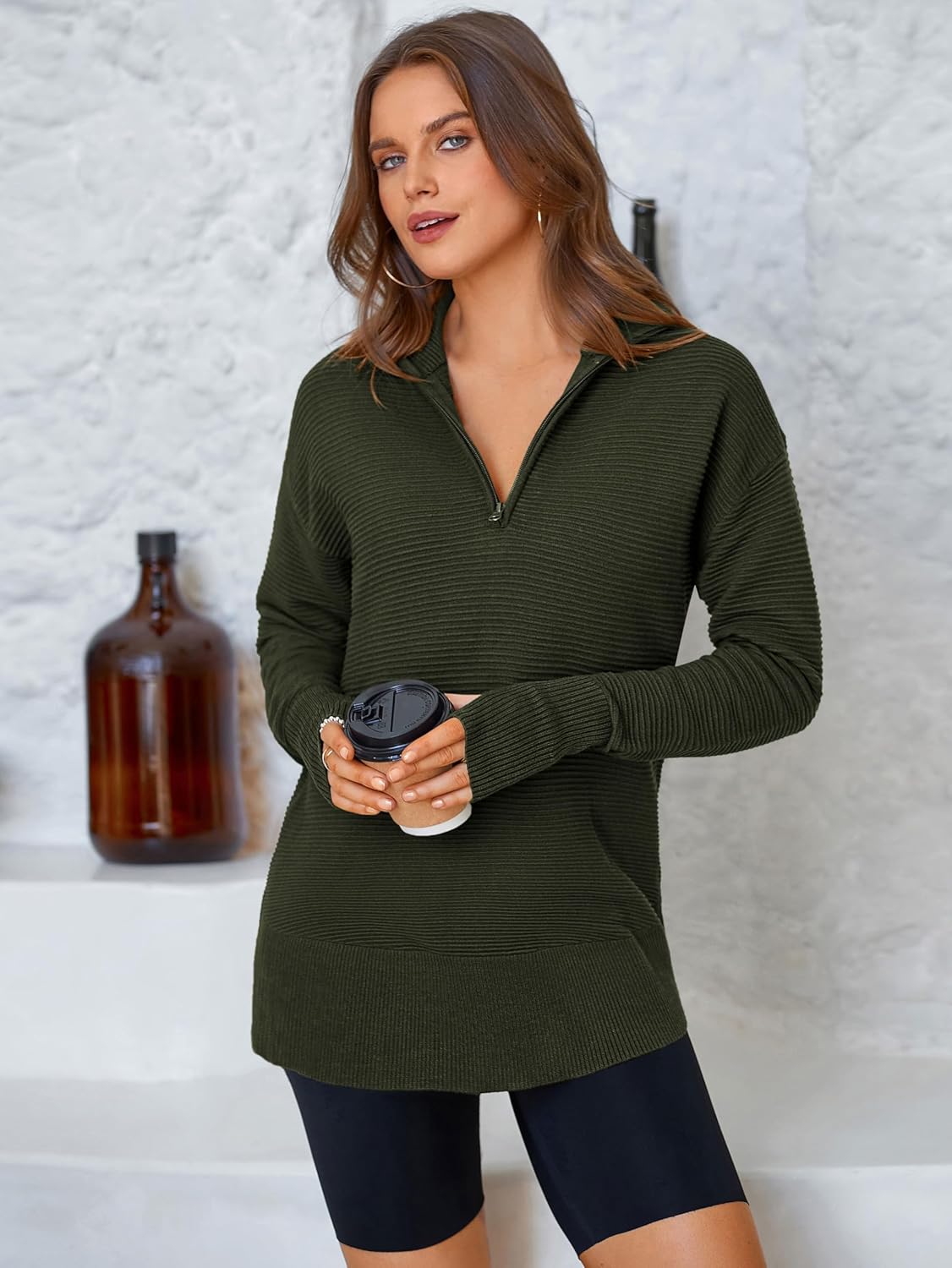 PRETTYGARDEN Womens Long Sleeve Quarter Zip Pullover Sweater Casual Loose V Neck Collared Ribbed Knit Jumper Tops Thumb Hole - Image 5