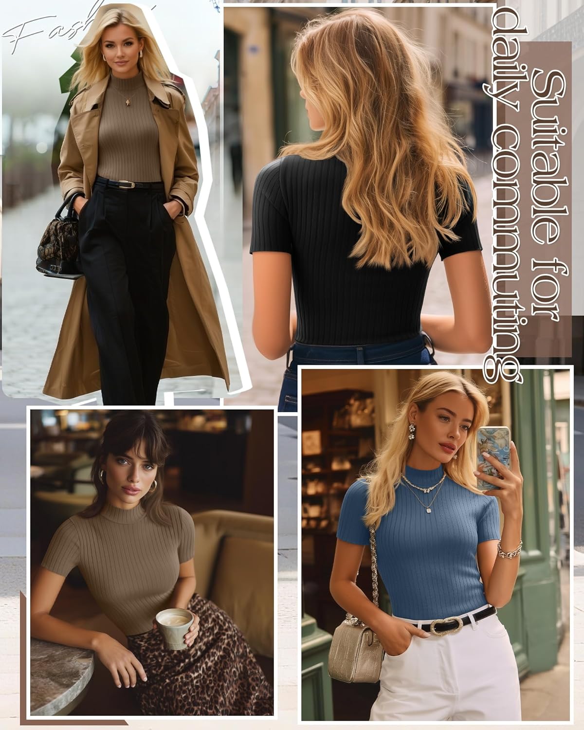 3 Pack Women Mock Turtleneck Shirts Short Sleeve Ribbed Lightweight Basic Layering Cotton Tops Slim Fit Tunic Tees - Image 2