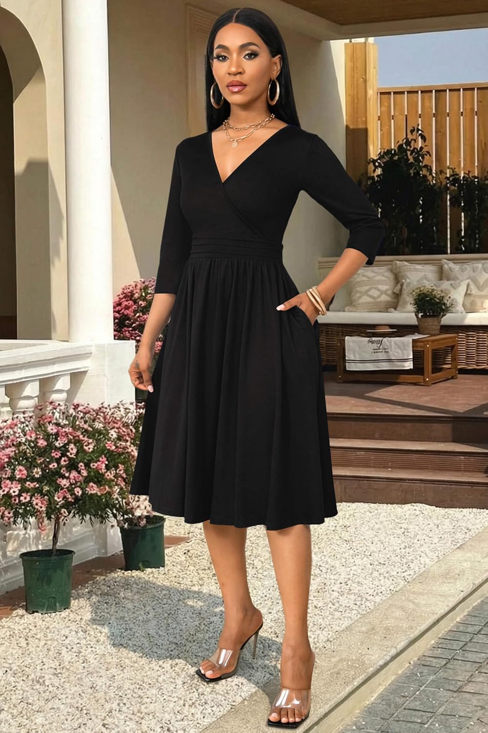 Nmoder Casual Wrap Dresses for Women A-Line Flared Church Midi Dress V Neck 3/4 Sleeve with Pockets - Image 4