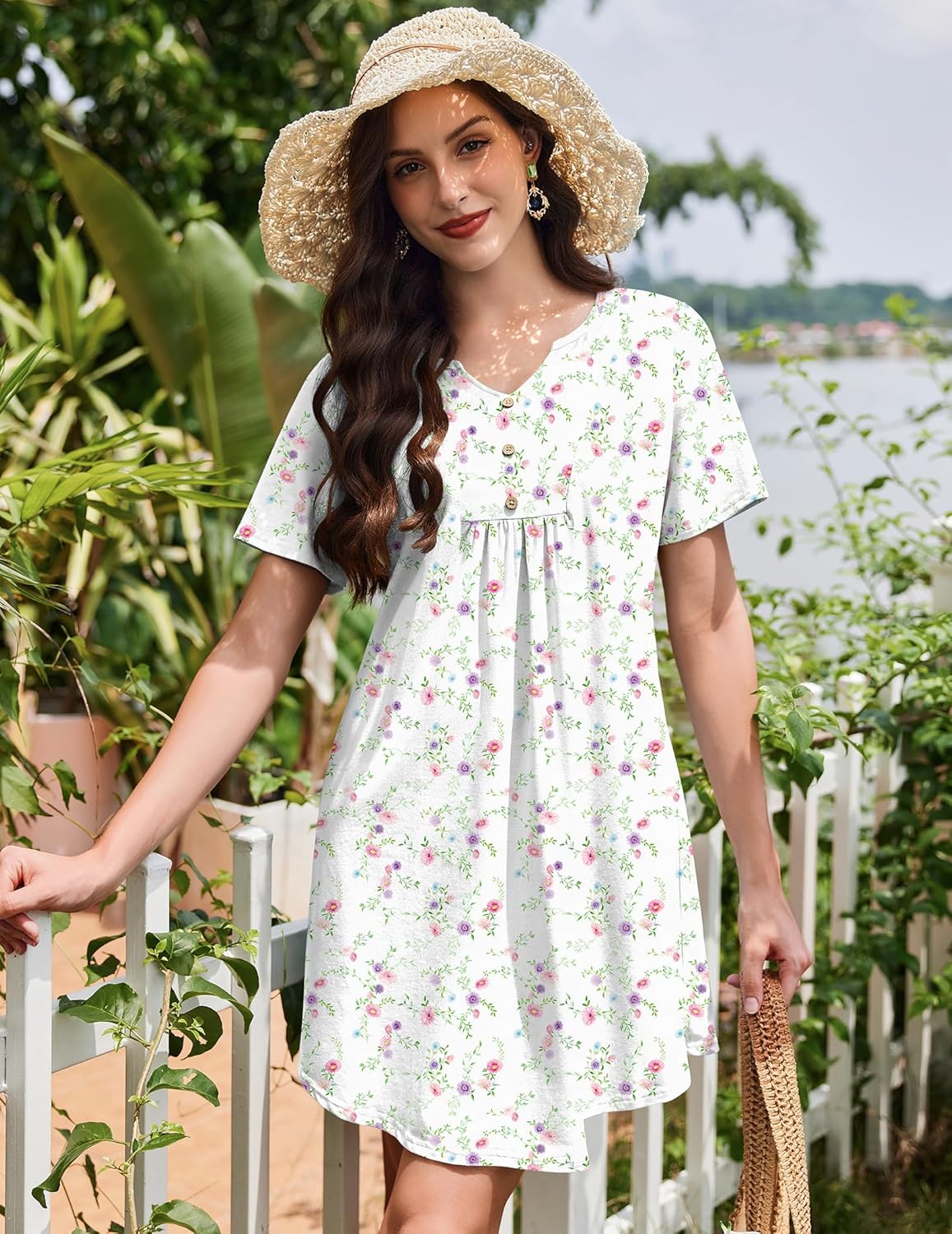 Ekouaer Nightgowns for Women Cotton Night Gowns Pleated Nightshirts Henley V Neck Sleepshirts Short Sleeve Sleepwear - Image 3
