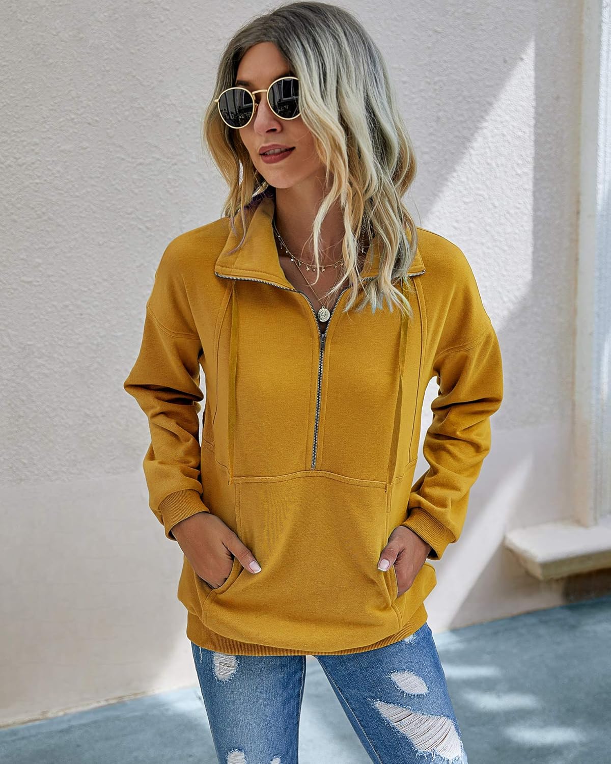 PRETTYGARDEN Women's Casual Long Sleeve Lapel Zipper Sweatshirt Drawstring Loose Pullover Tops - Image 2