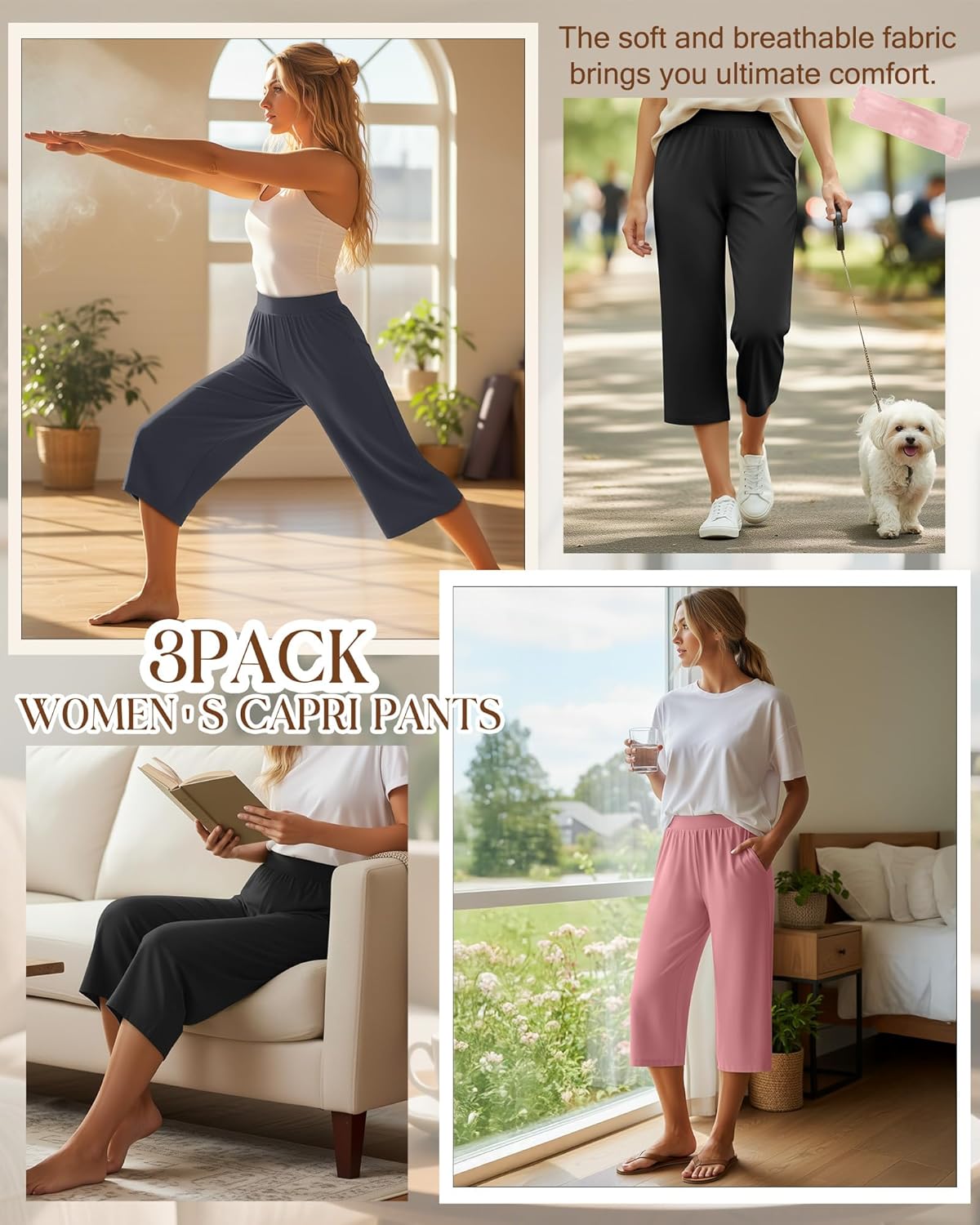 Huukeay 3 Pack Women's Capri Sweatpants Cozy Wide Legs Cropped Capri with Pockets Lounge Jogger Pants Workout Yoga Solid - Image 2
