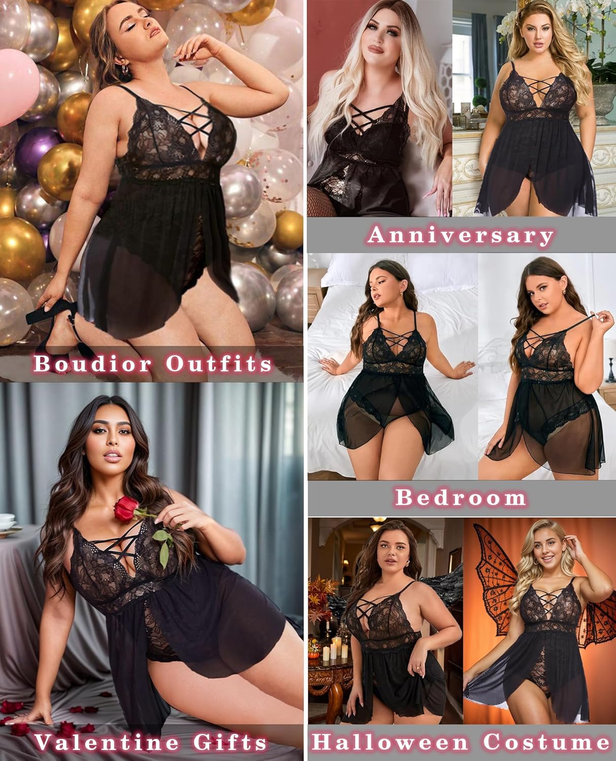 Avidlove Plus Size Babydoll Womens Snap Crotch Lingerie V Neck Lace Nighty Sleepwear L-5XL - Image 3