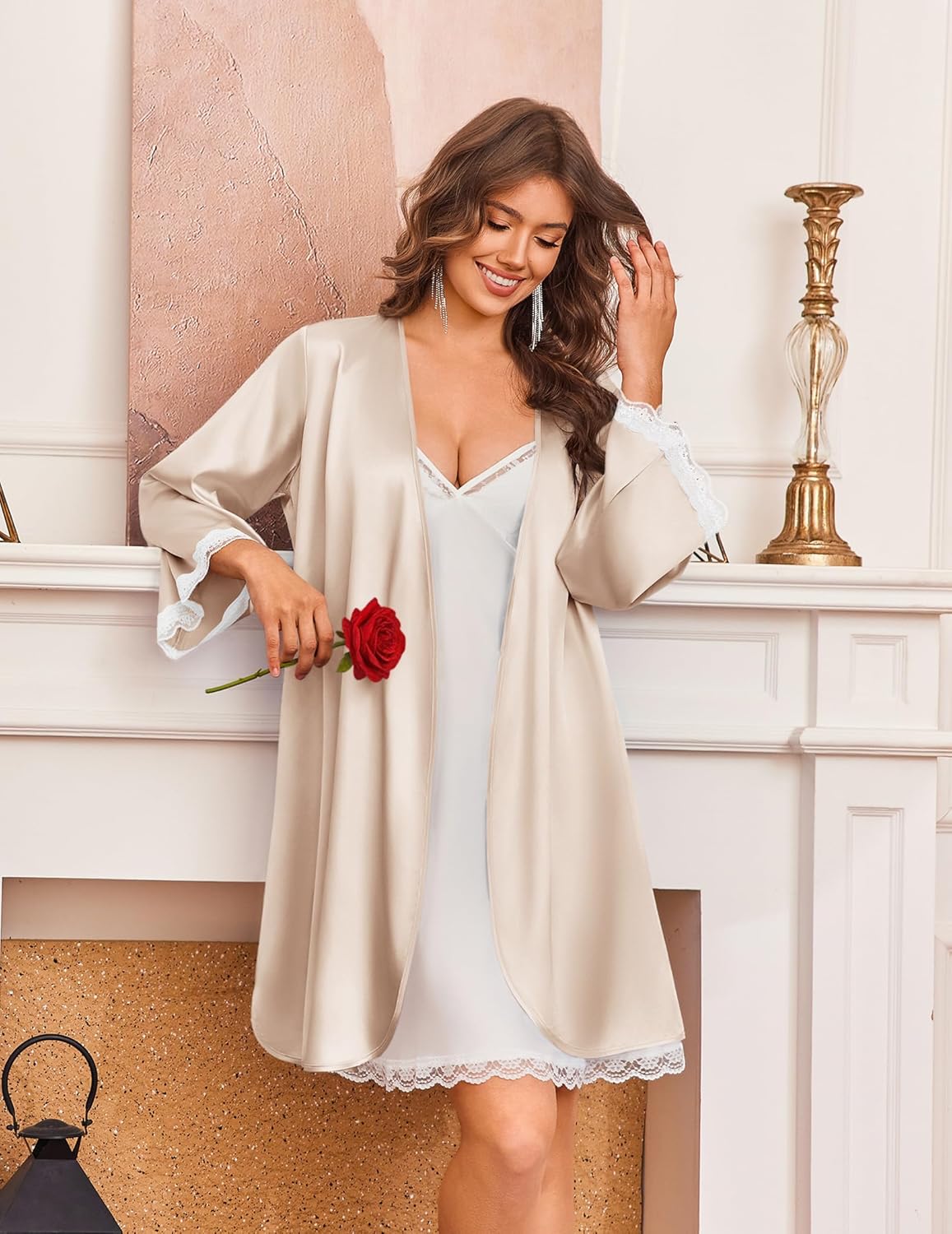 Ekouaer Silk Robe for Women Short Satin Robe 3/4 Sleeves Lace Trim Kimono Bathrobe Sexy Bride Bridsmaid Sleepwear with Pocket - Image 3