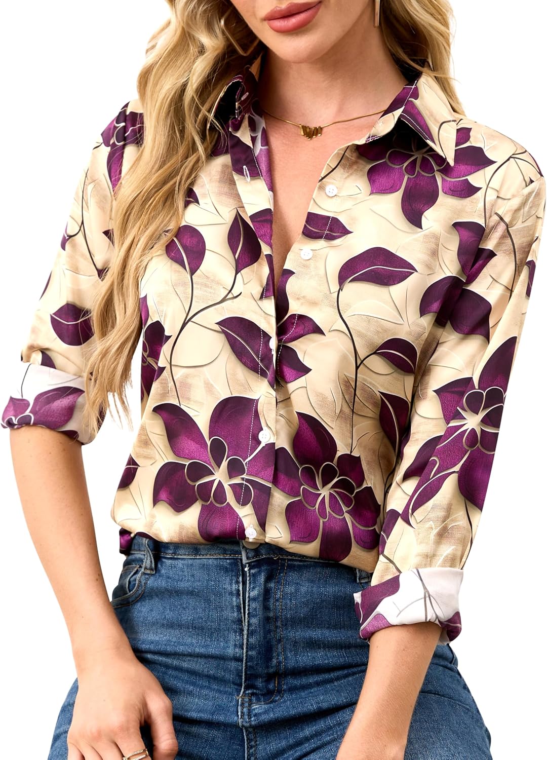 Wrinkle-Resistant Women Silky Button Down Shirts Fashion Printed Dressy Blouse Business Casual Long Sleeve Work Tops
